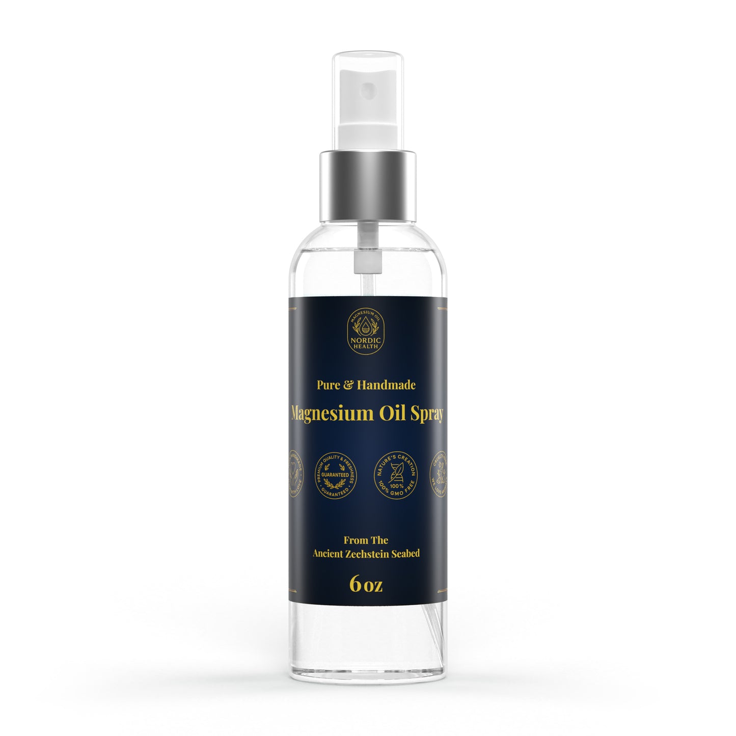 Clear magnesium oil spray bottle with a black label on a white background