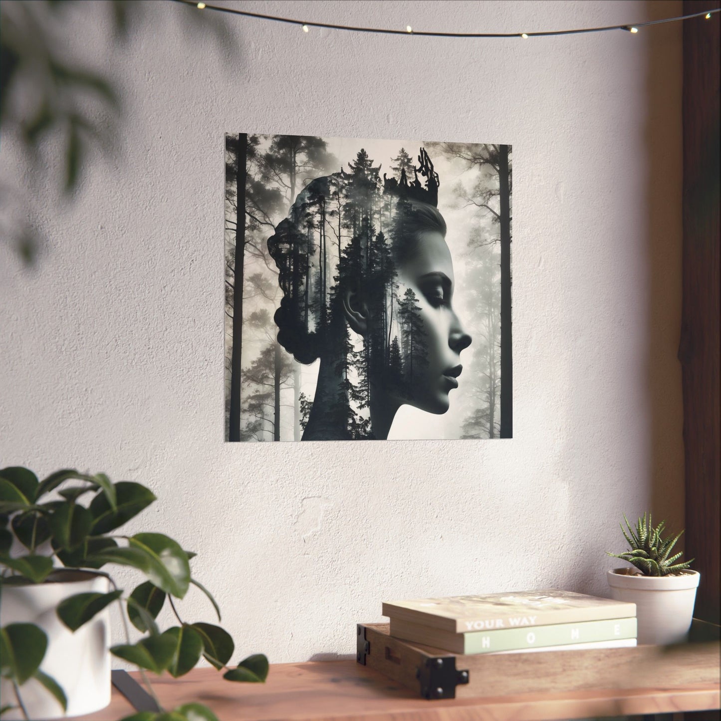 Framed artwork of a woman's profile with forest overlay on a wall above a wooden desk.