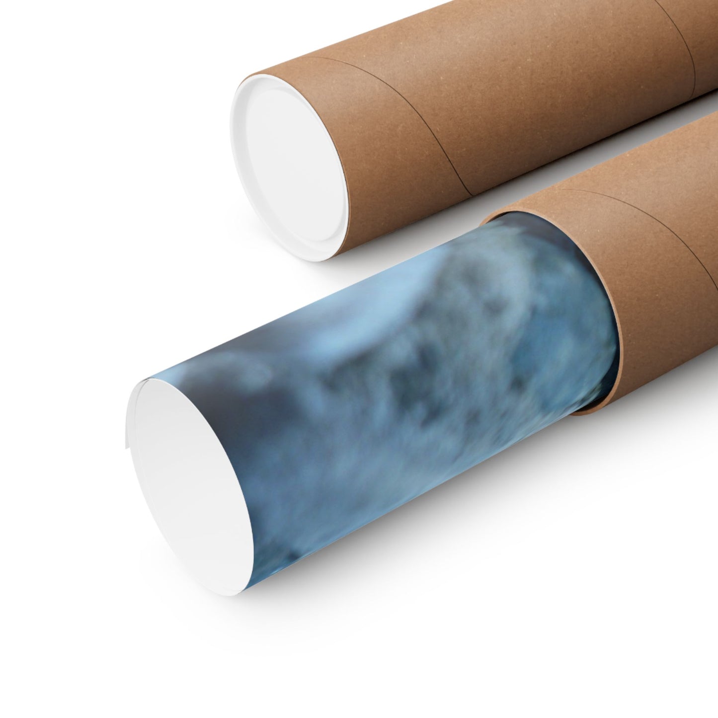 Roll of blue marble-patterned paper with a cardboard tube on a white background