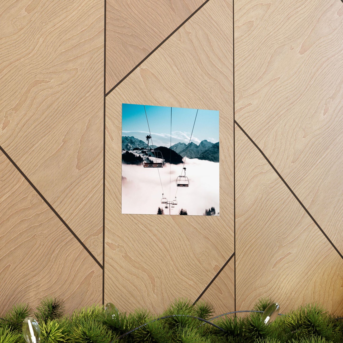 Square photo of a snowy mountain landscape with ski lifts on a wooden panel background.