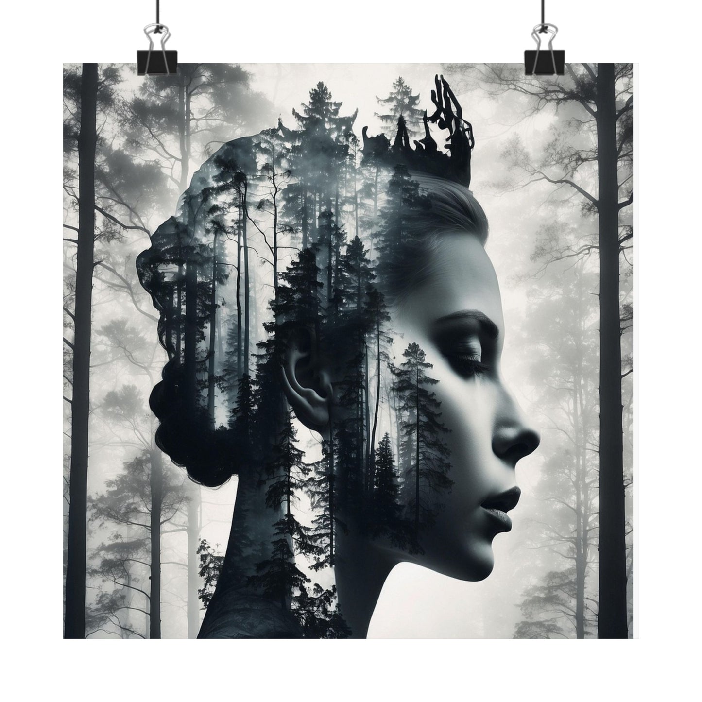 Artistic fusion of a woman's profile with a forest landscape