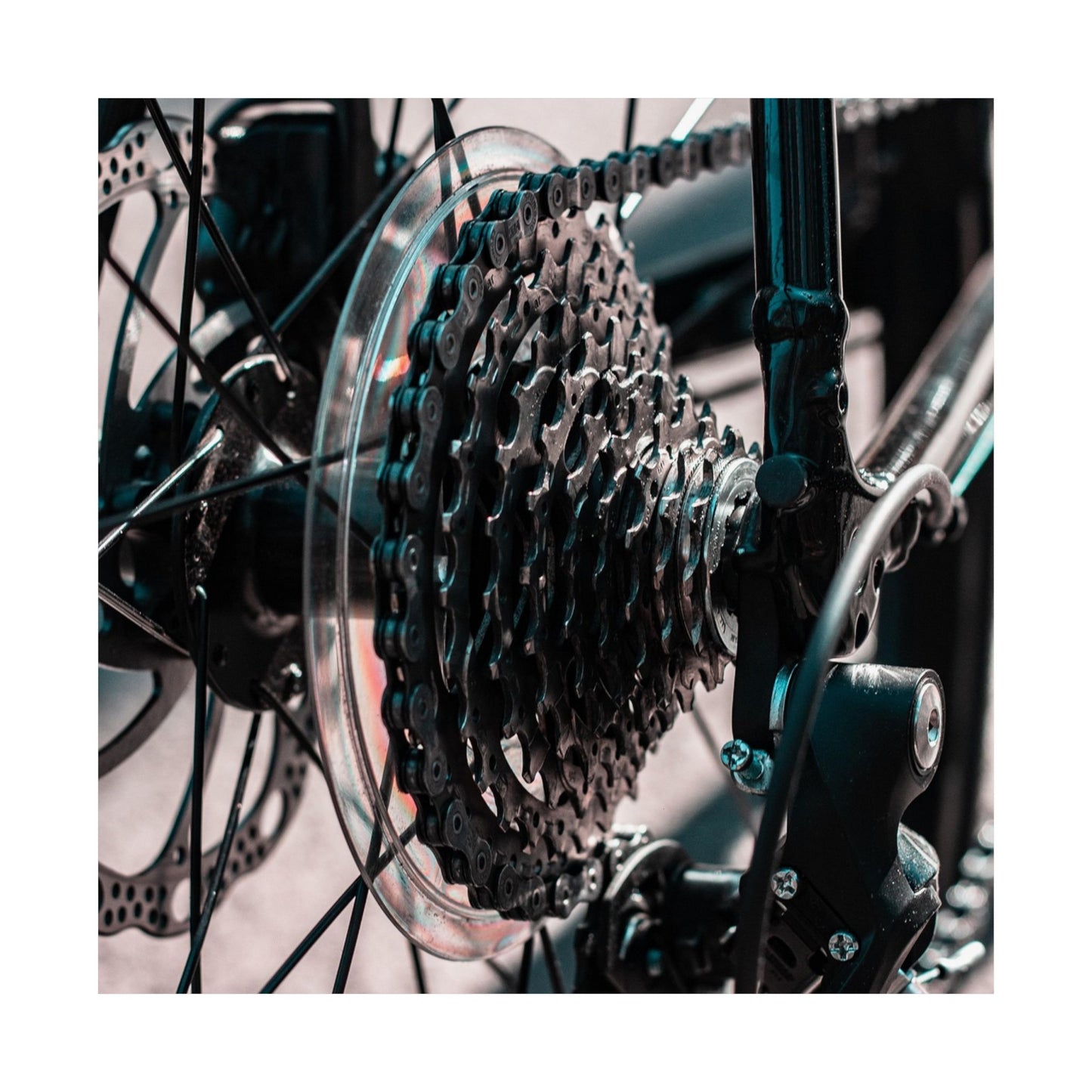 Close-up of a bicycle gear system with chain and sprockets.