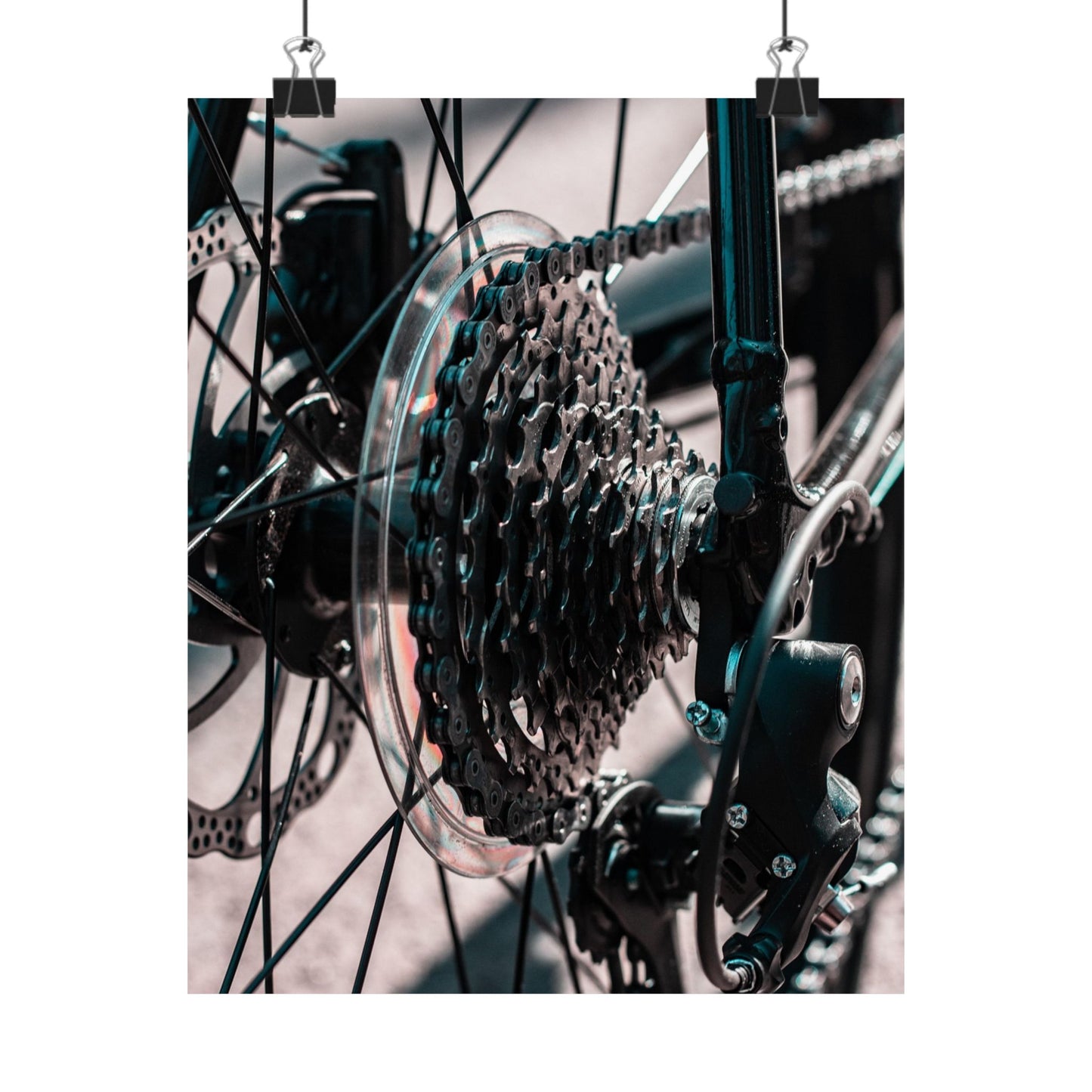 Close-up of a bicycle gear system with a blurred background