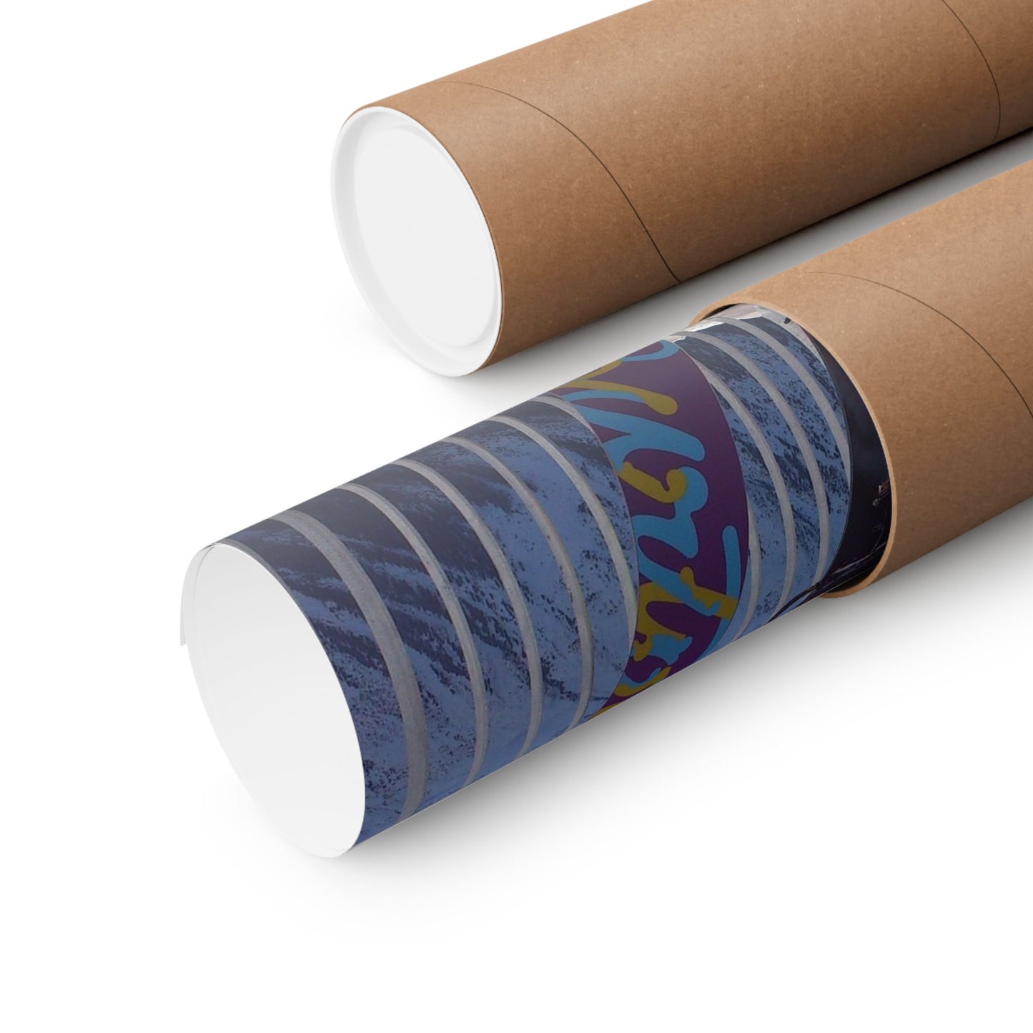 Two cardboard tubes, one plain and one with a colorful pattern, on a white background.