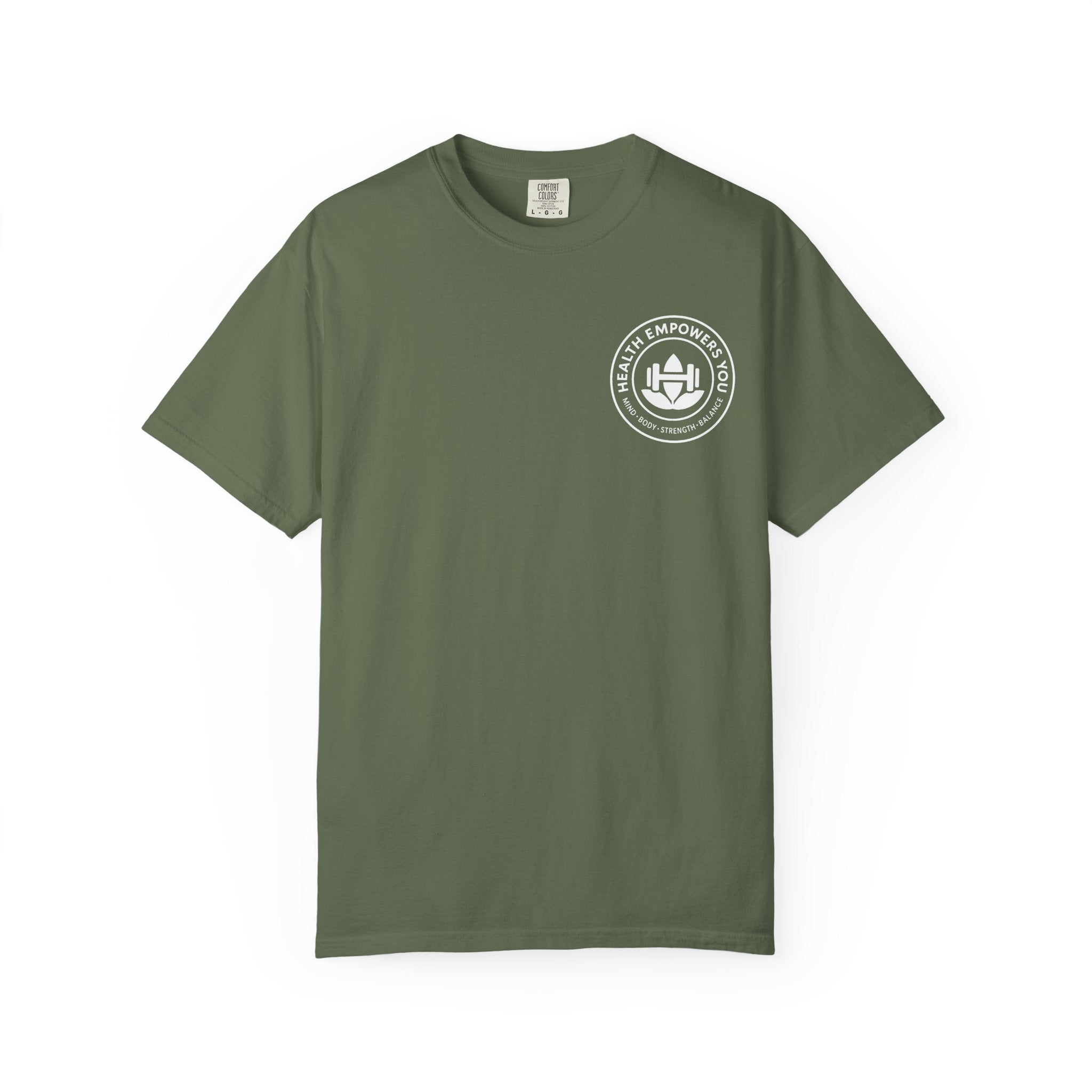 Green t-shirt with a white logo on a white background