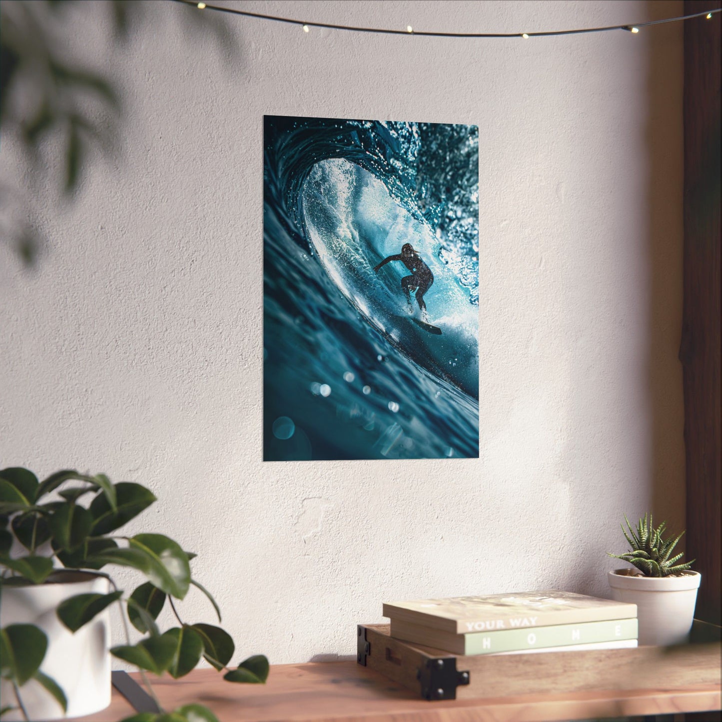 Poster of a surfer on a wave hanging on a wall above a desk with plants and books.