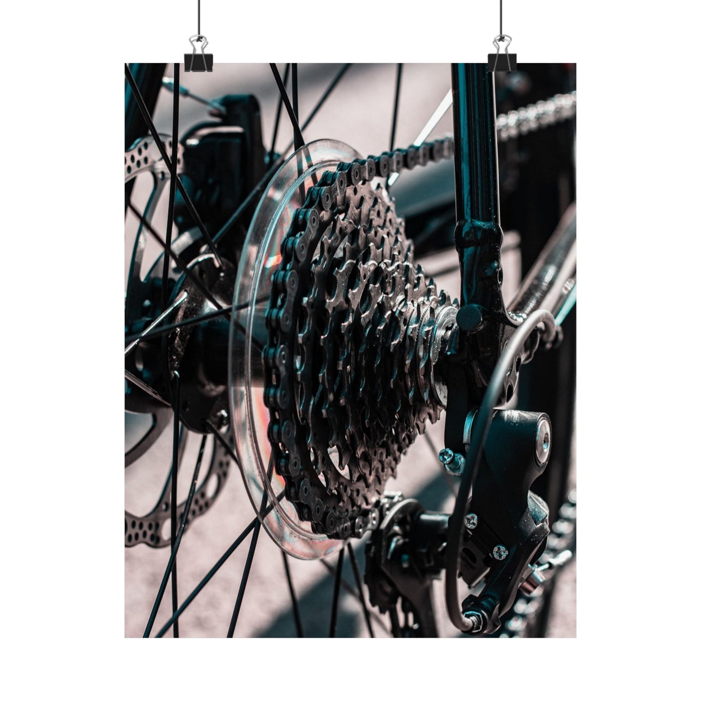 Close-up of a bicycle gear system with a blurred background