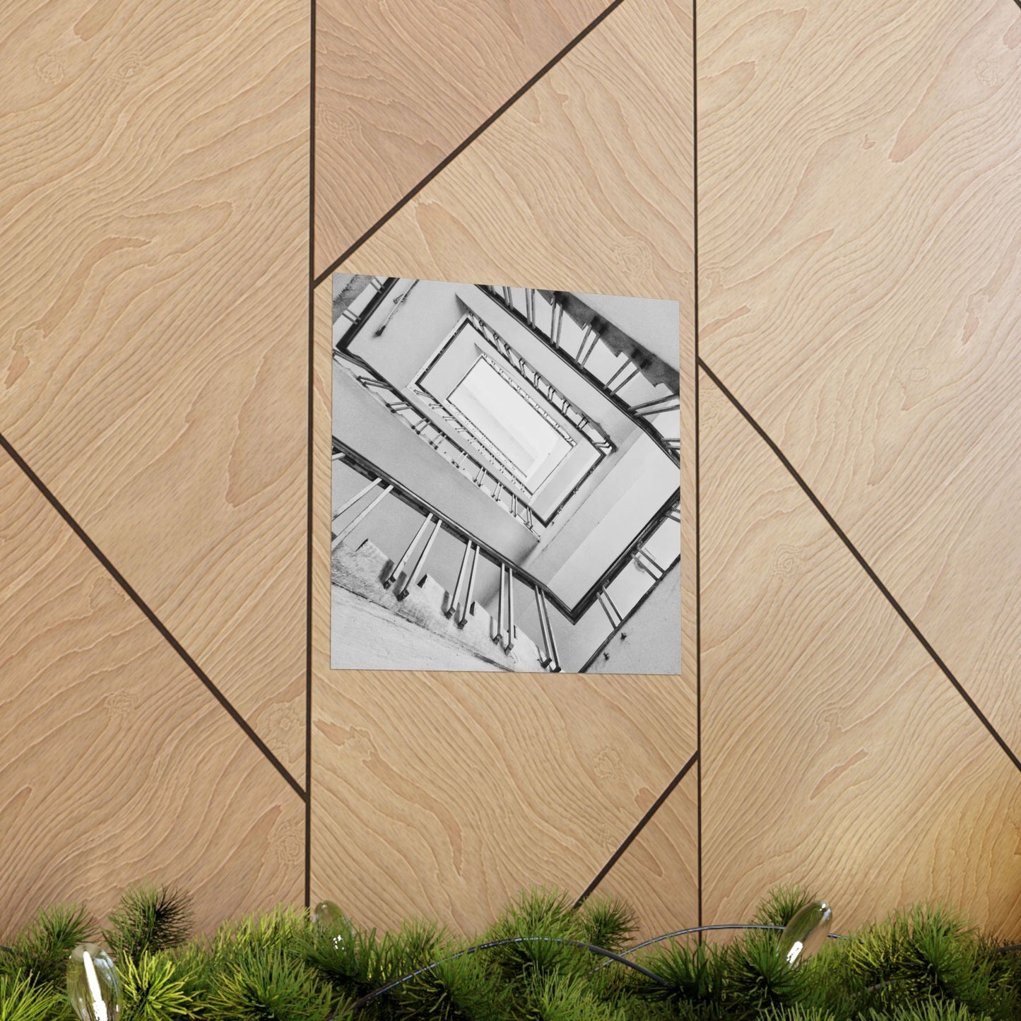 Wooden floor with geometric pattern and a black and white photo inset.