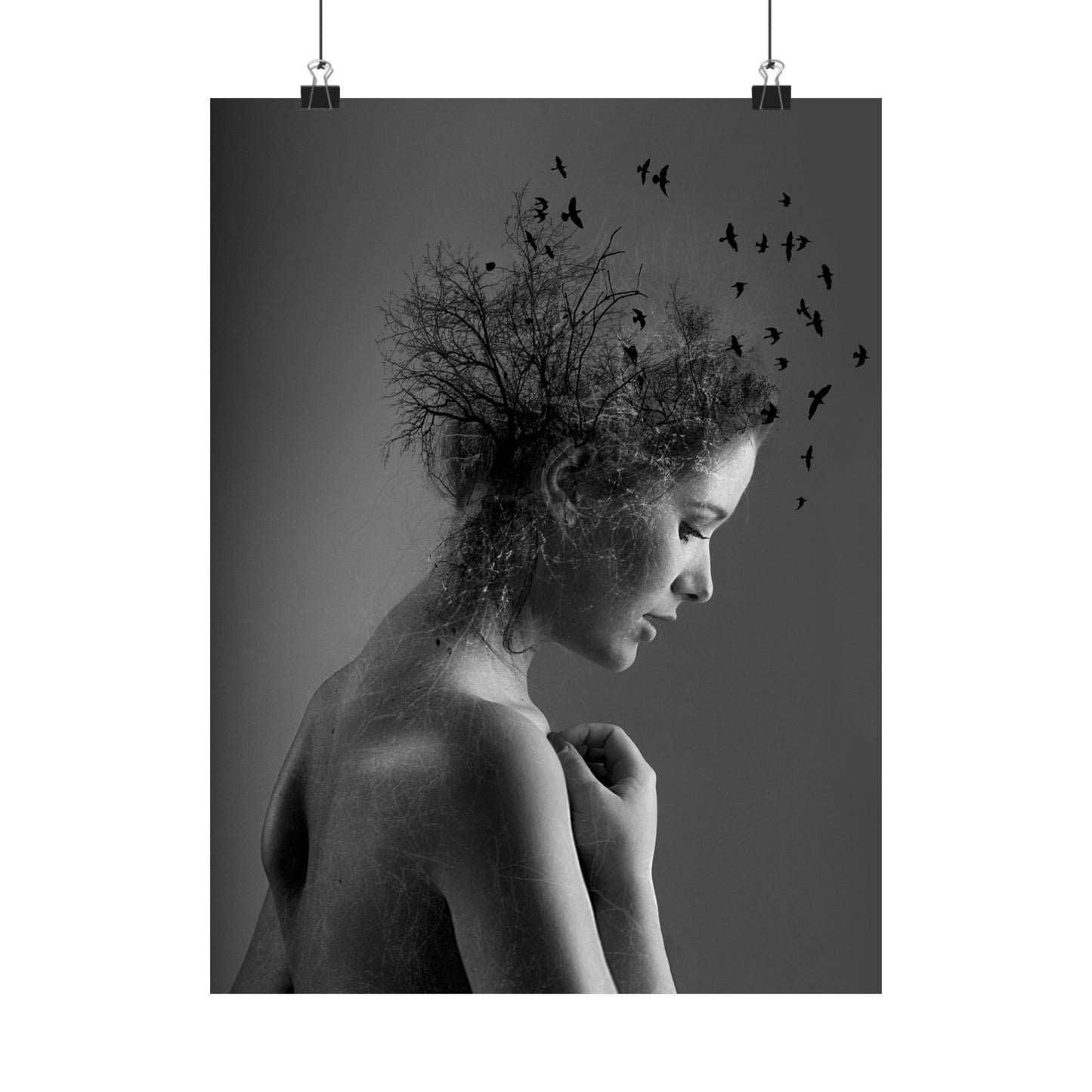 Black and white art print of a woman with nature elements and birds.