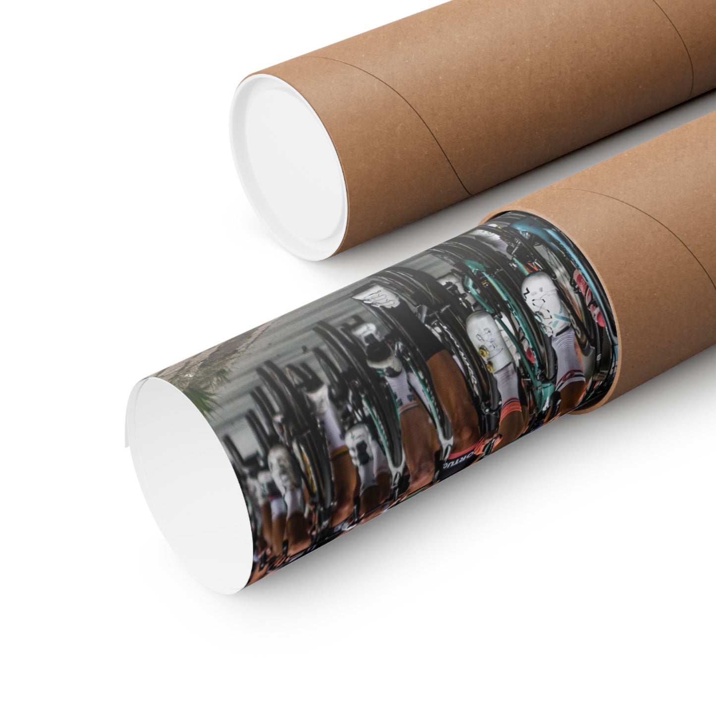 Roll of printed paper with a scenic design on a white background
