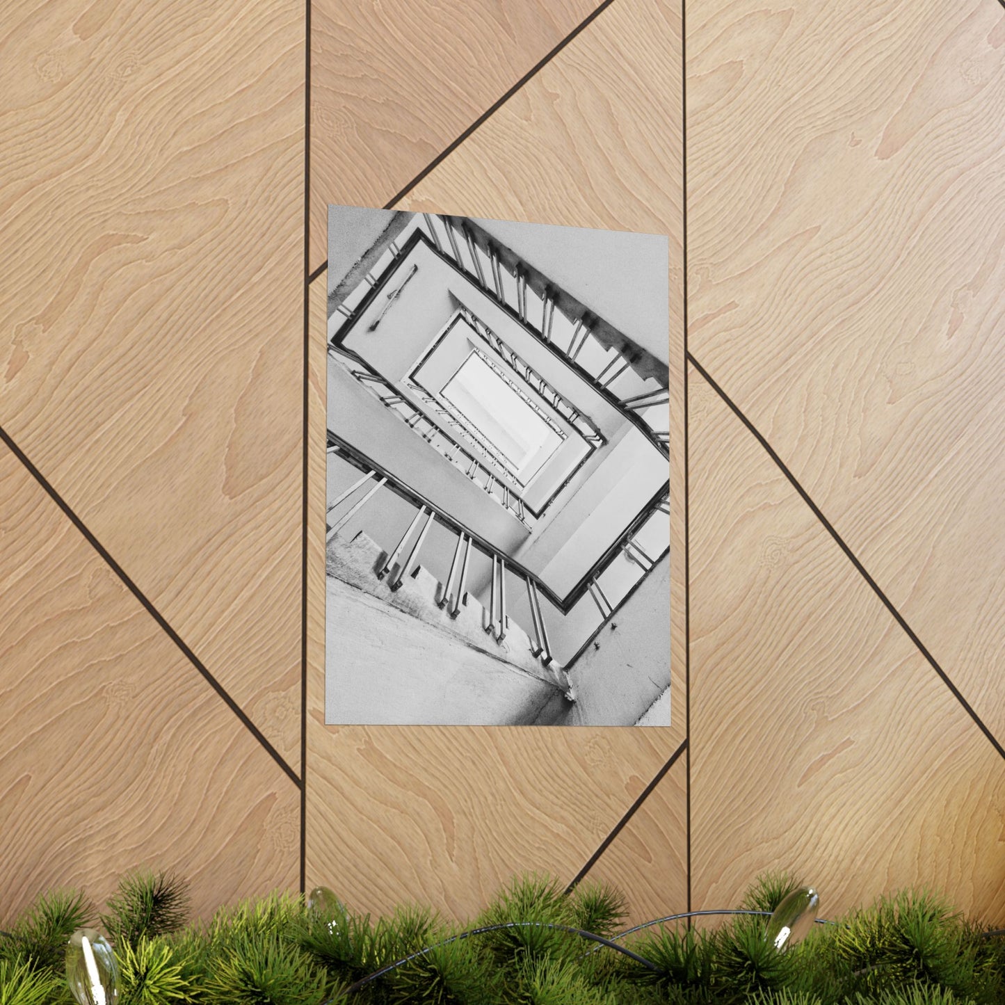Poster of a staircase on a wooden wall with greenery at the bottom
