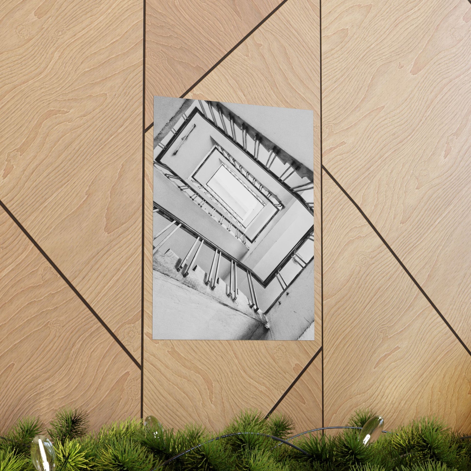 Poster of a staircase on a wooden wall with greenery at the bottom