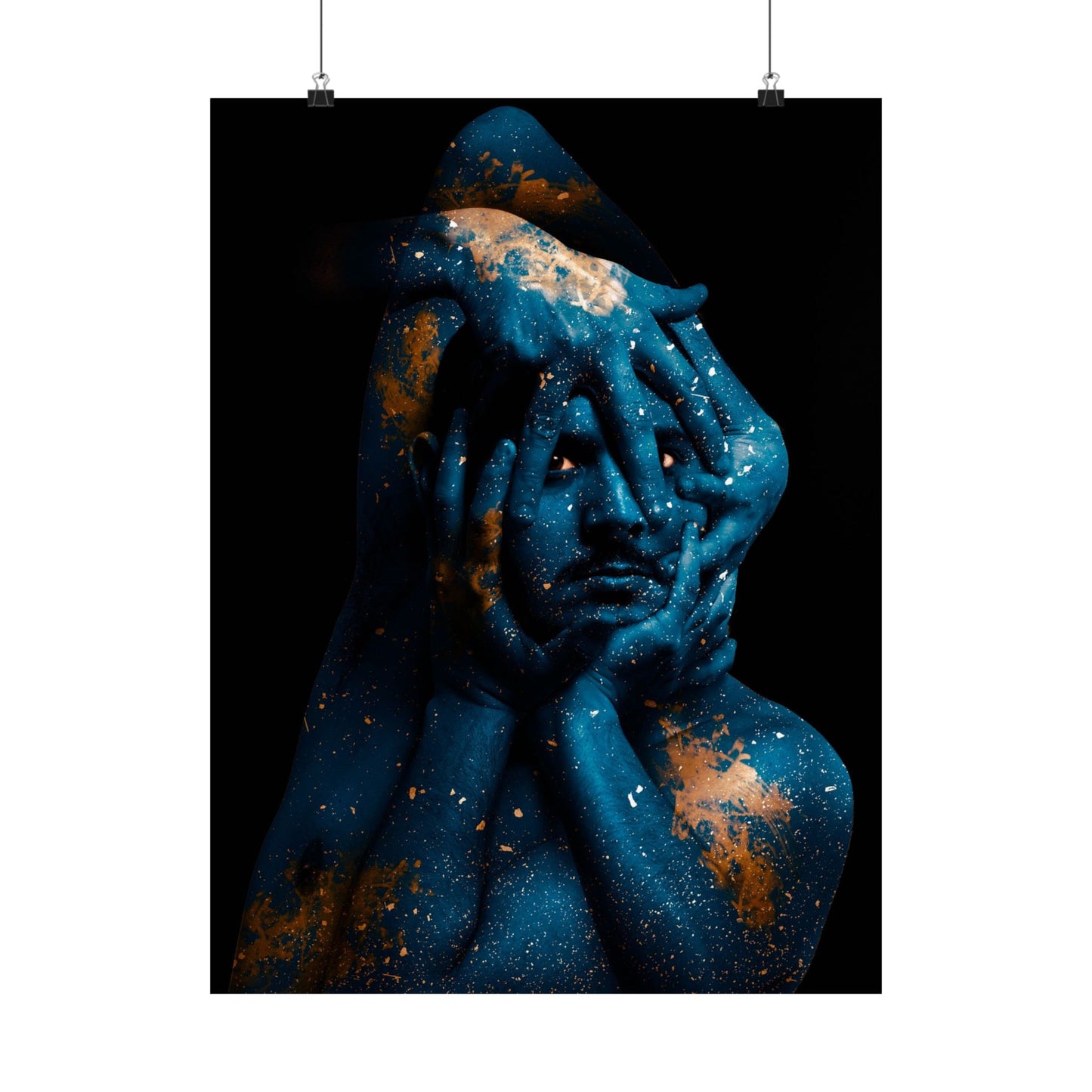 Artistic depiction of a face with hands covering it against a dark background