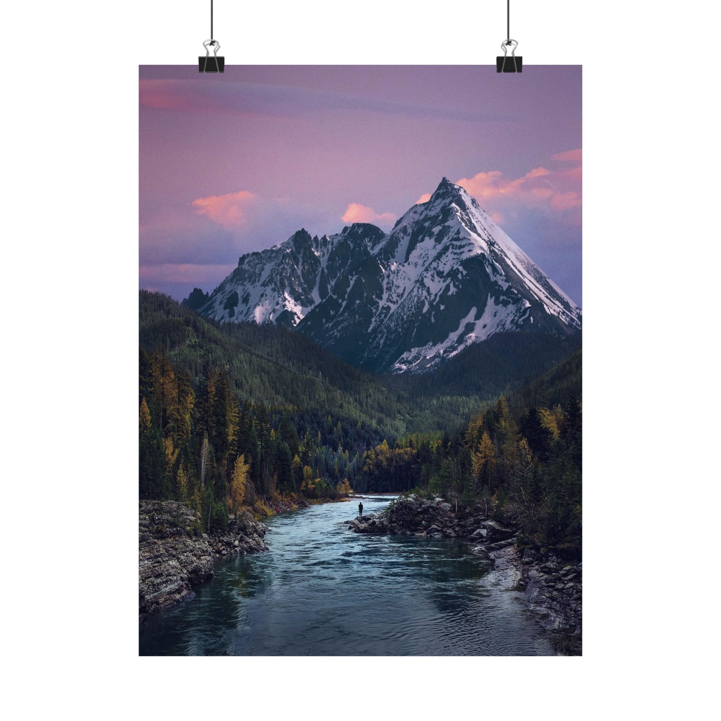 Mountain landscape with a river and forest at sunset