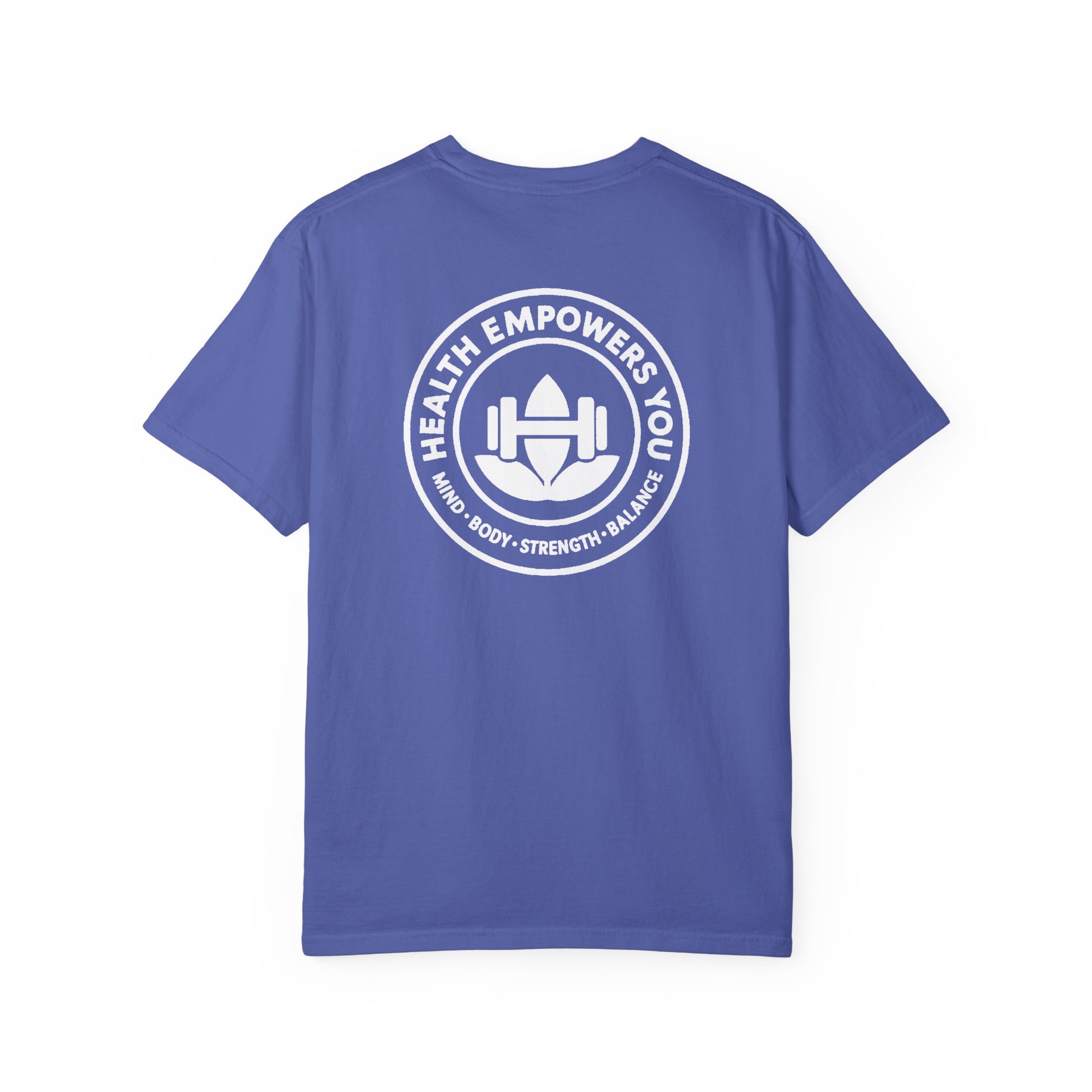 Blue t-shirt with a white logo and text on the back against a white background