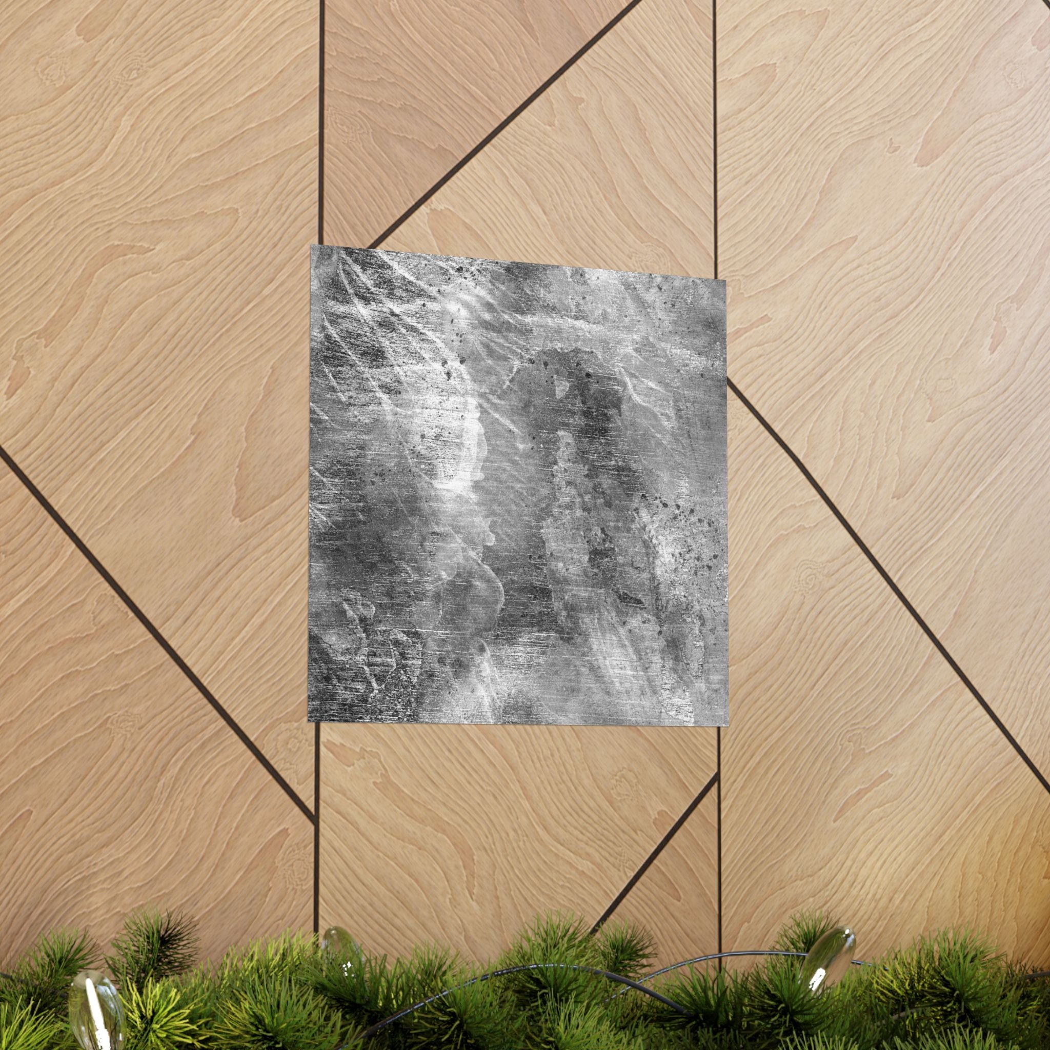 Textured square on a wooden floor with geometric patterns