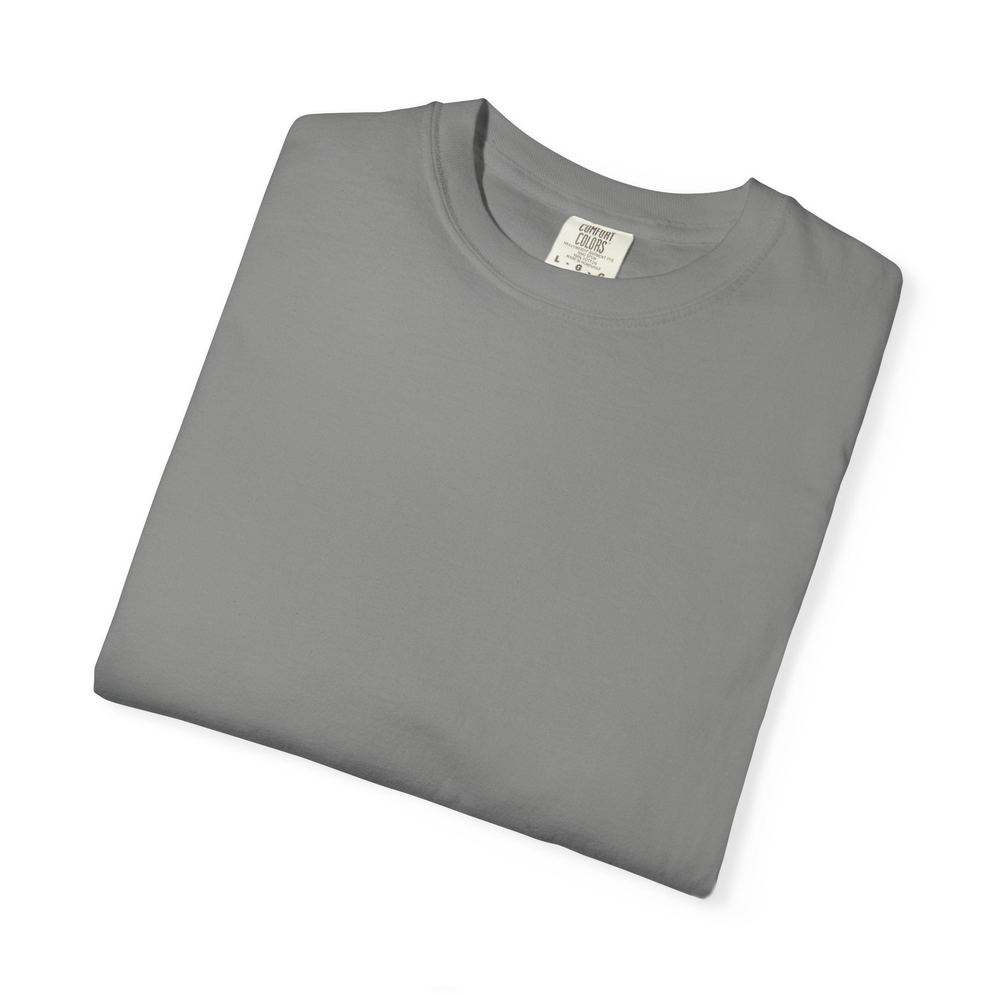 Folded gray t-shirt with a brand label on a white background