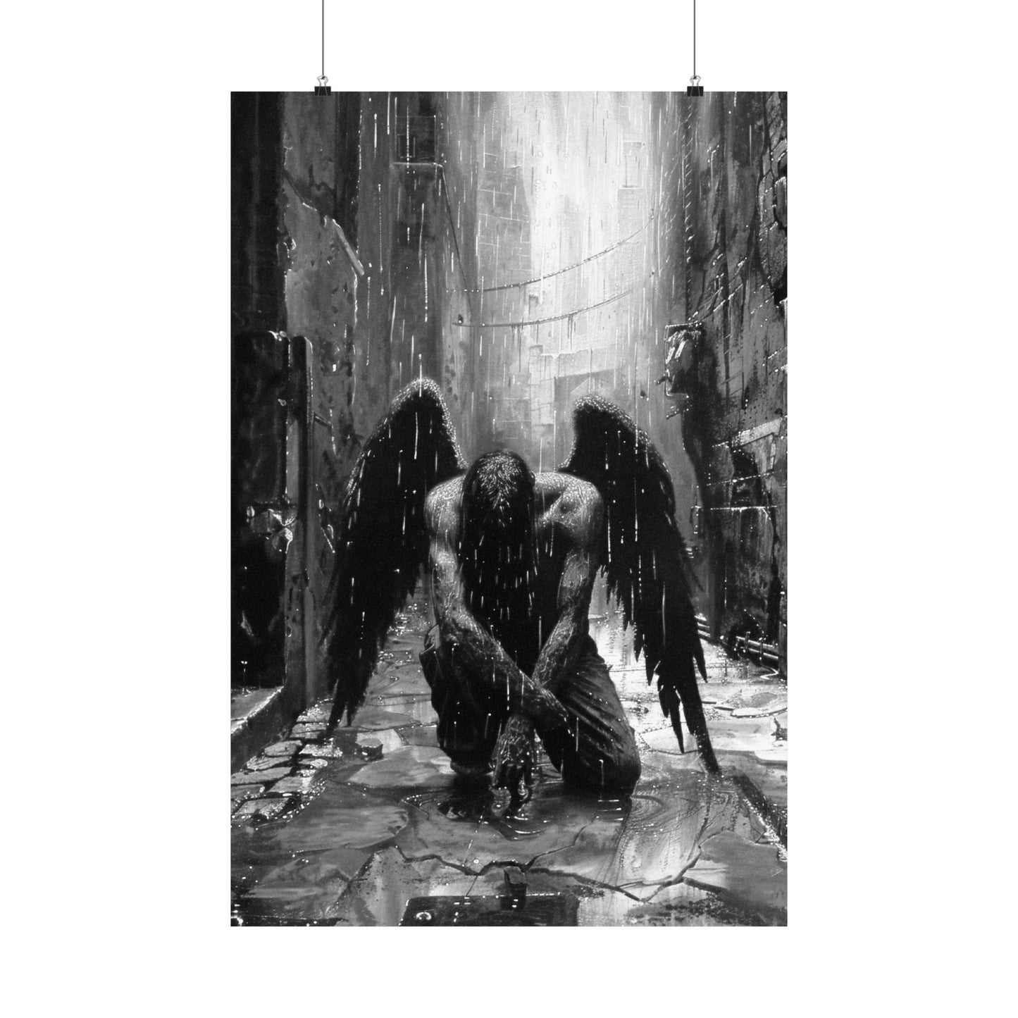Black and white artwork of a winged figure in a rain-soaked alleyway.