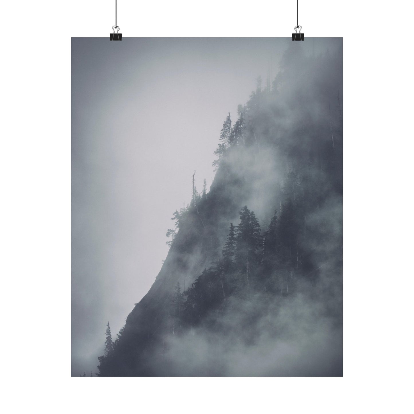 Mountain covered in mist with trees, hanging on a white background