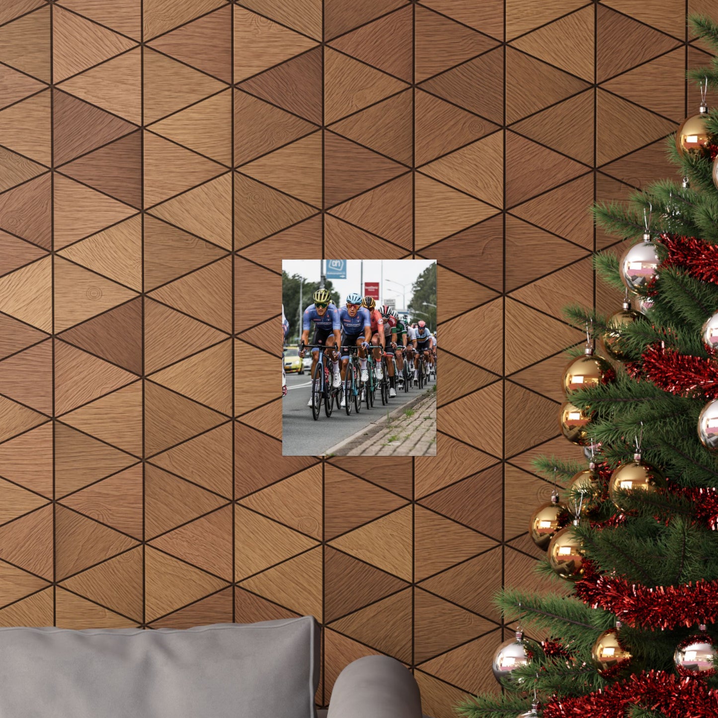 Wooden panel wall with geometric pattern, Christmas tree, and cyclist photo.