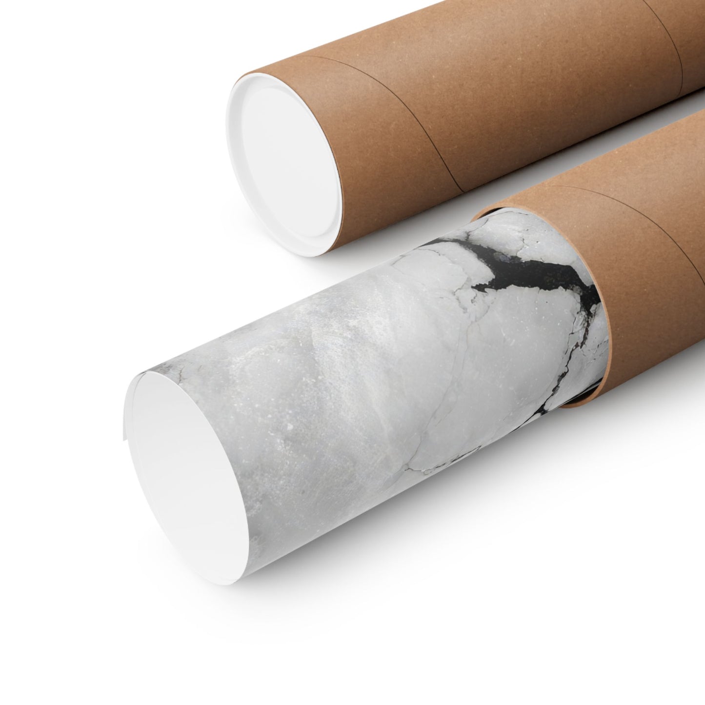 Roll of marble-patterned paper with a cardboard tube on a white background