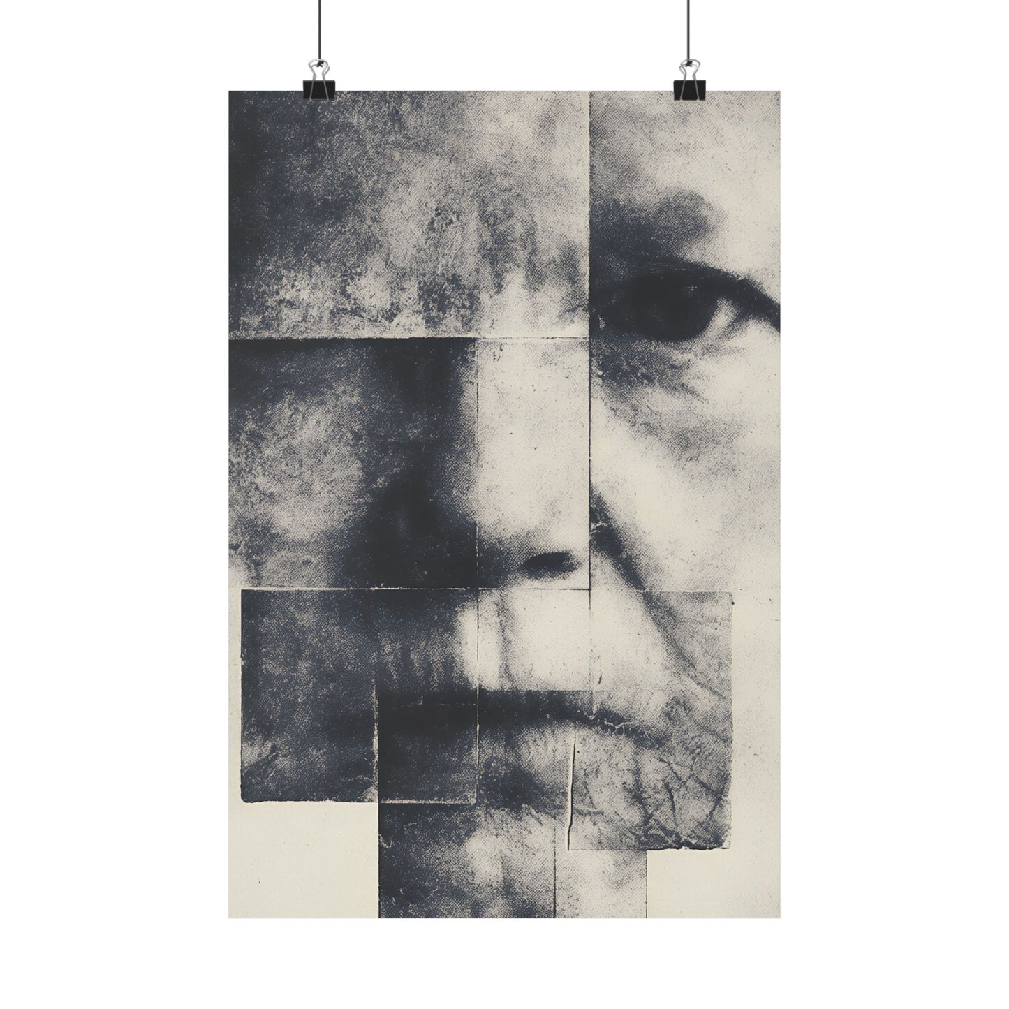 Abstract art piece with black and white patches on a beige background