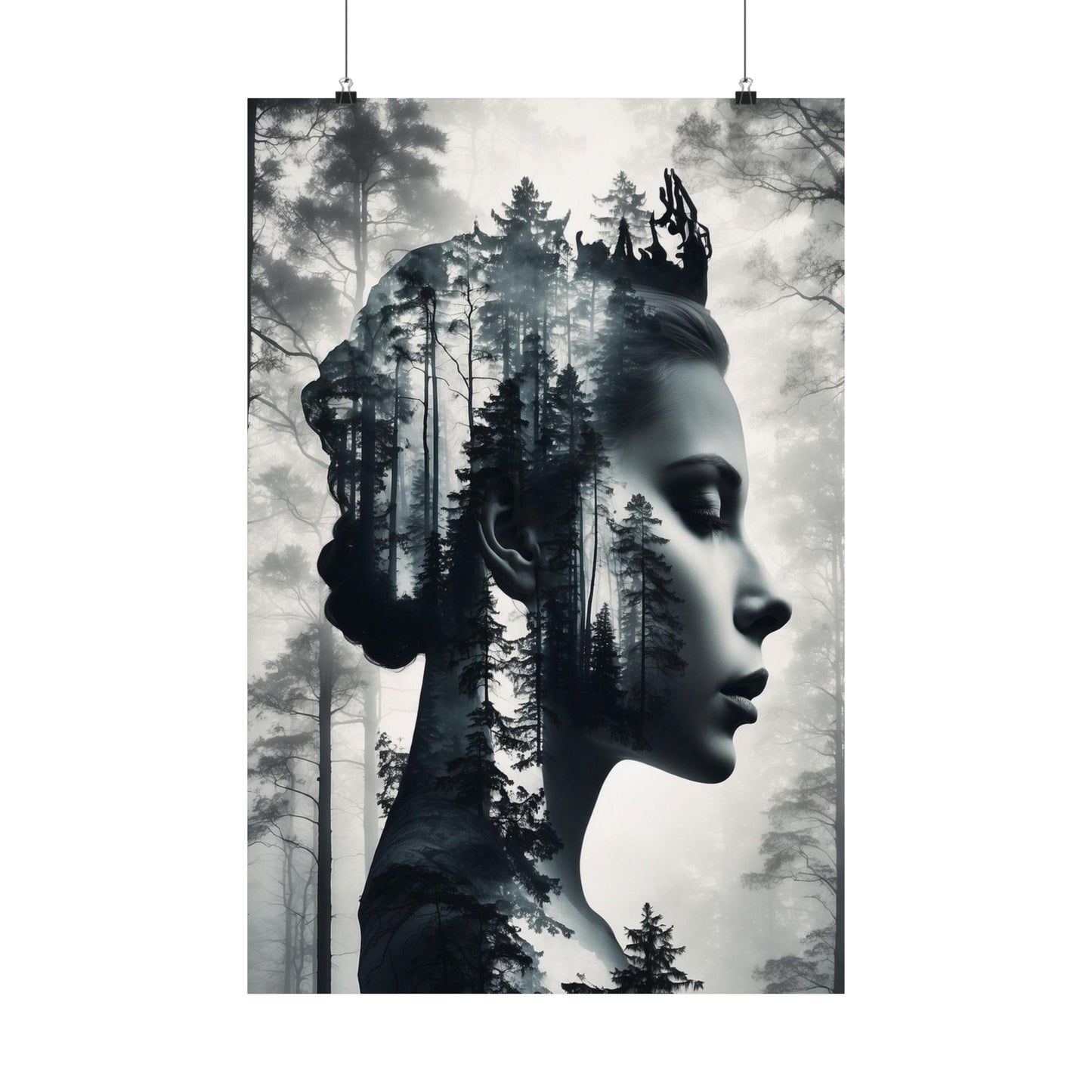 Poster with a woman's face and forest overlay on a white background