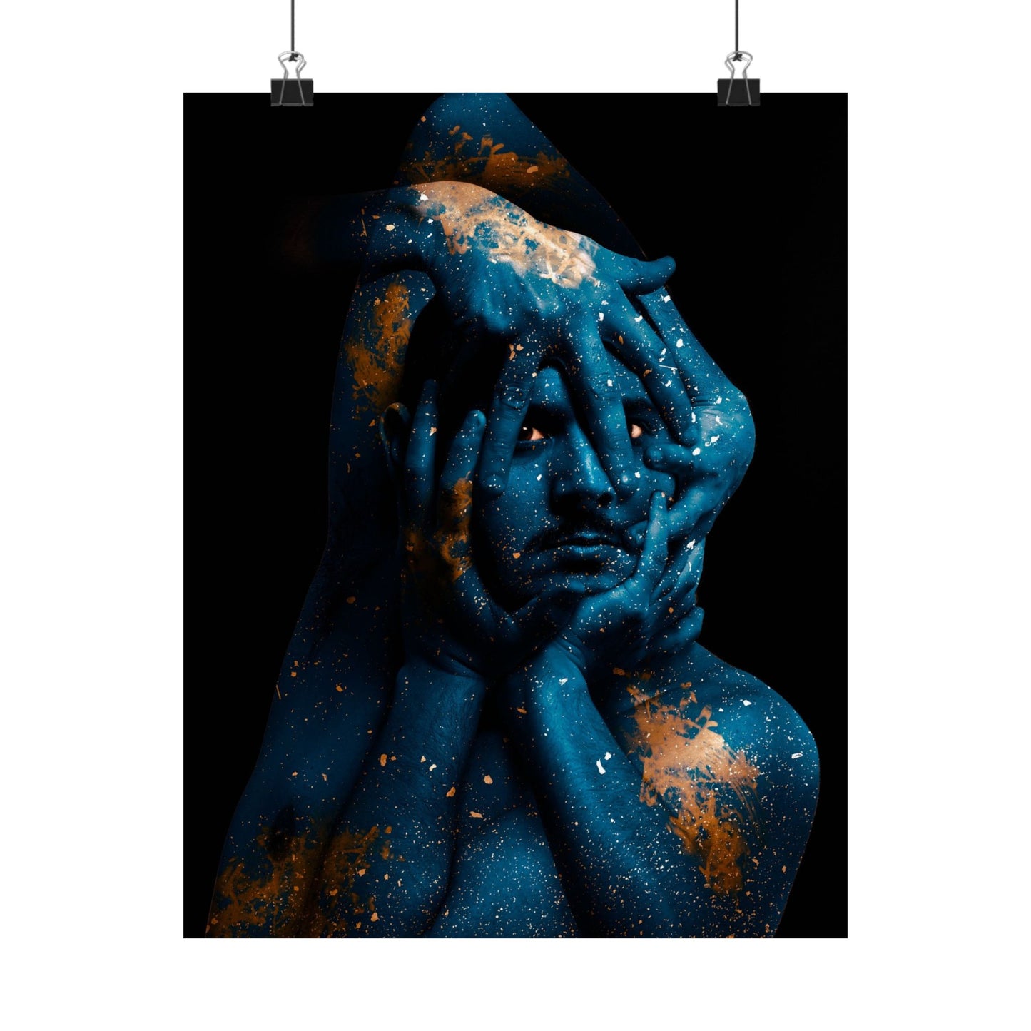 Artistic depiction of a face with hands covering it against a dark background