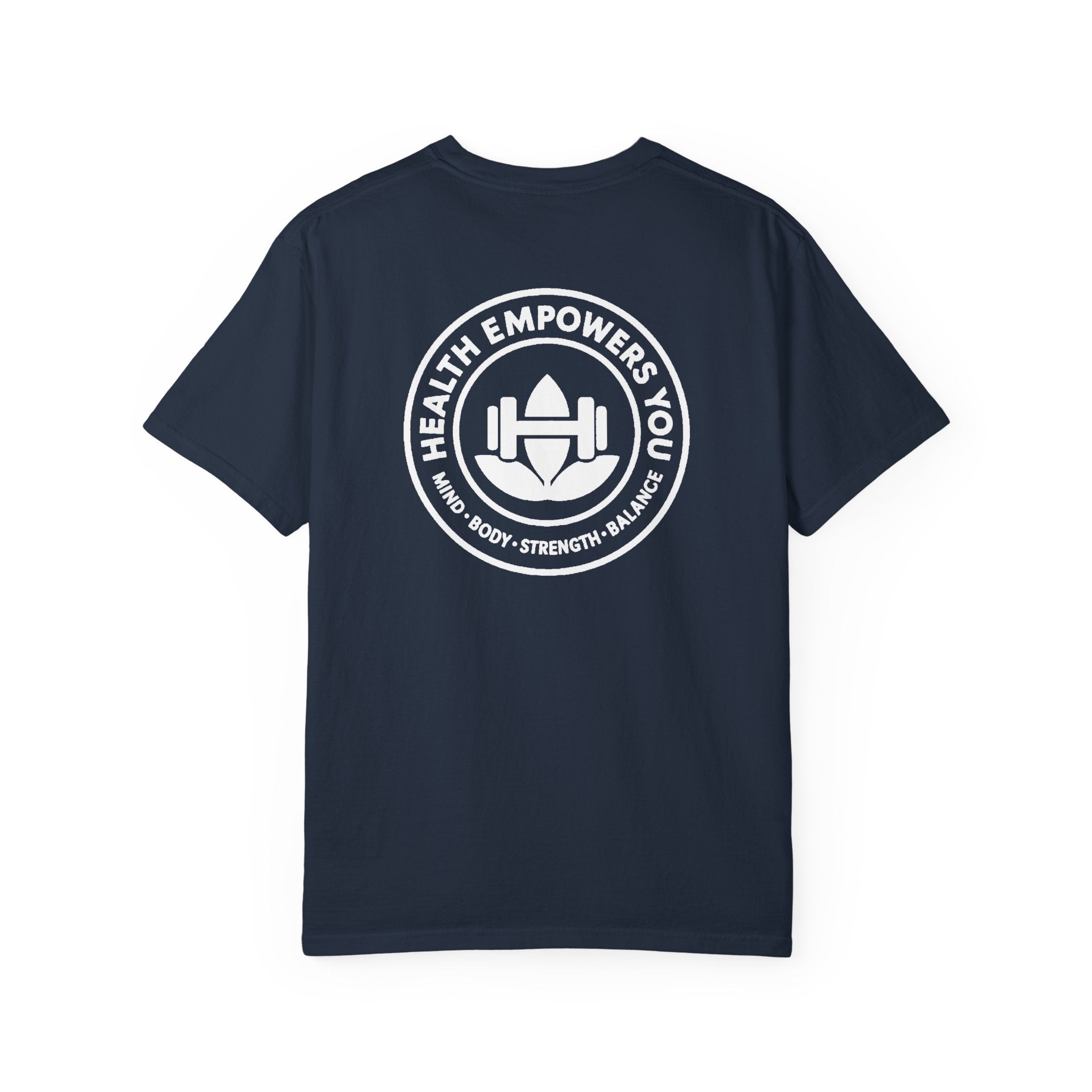 Navy blue t-shirt with a white logo and text on the back against a white background