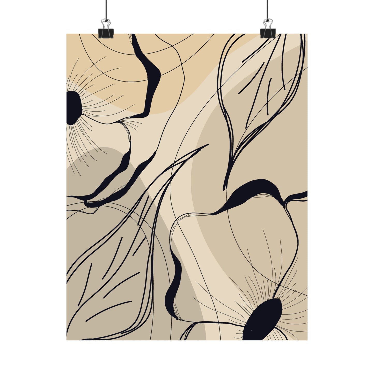 Abstract art print with black line designs on a beige background