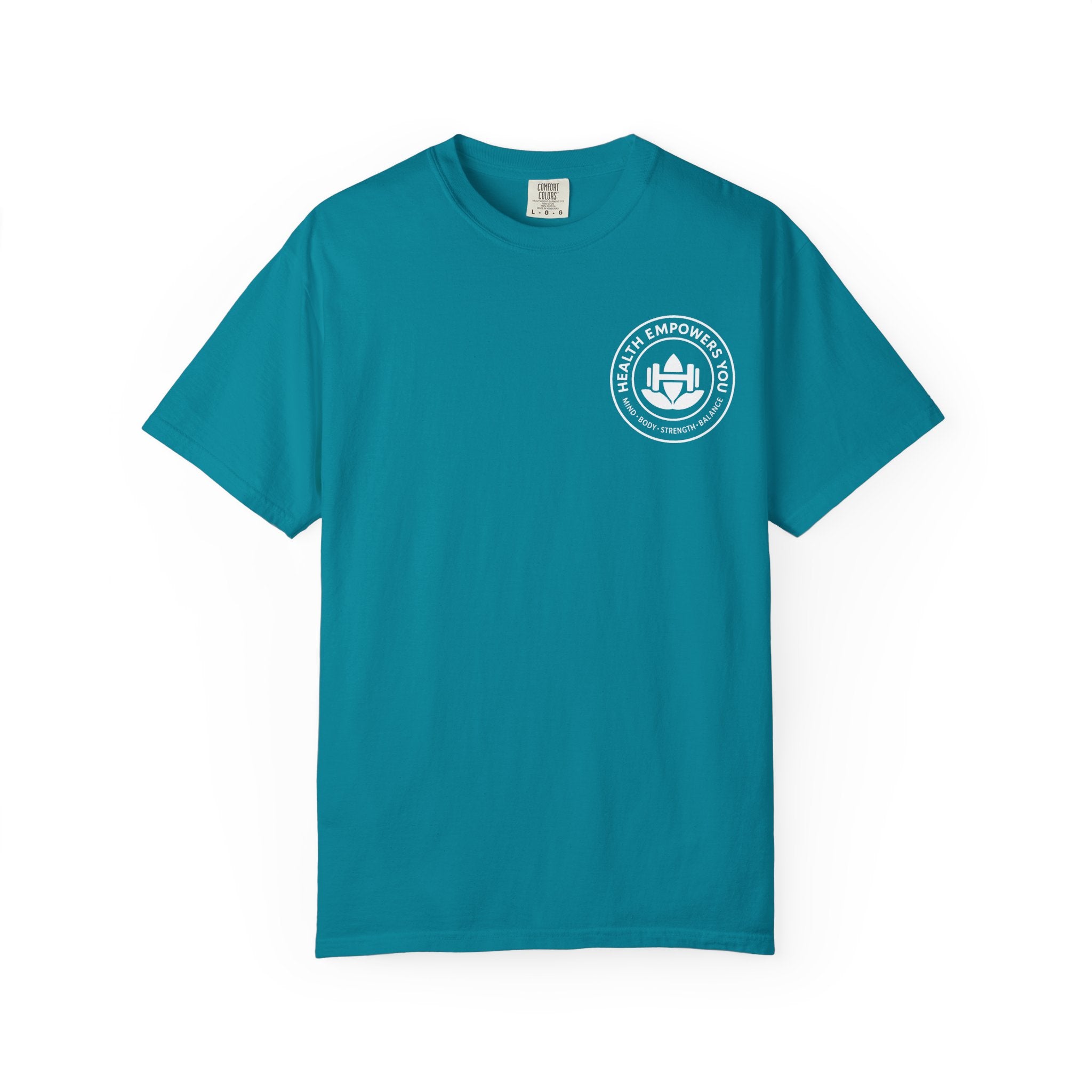 Teal t-shirt with a white logo on a white background