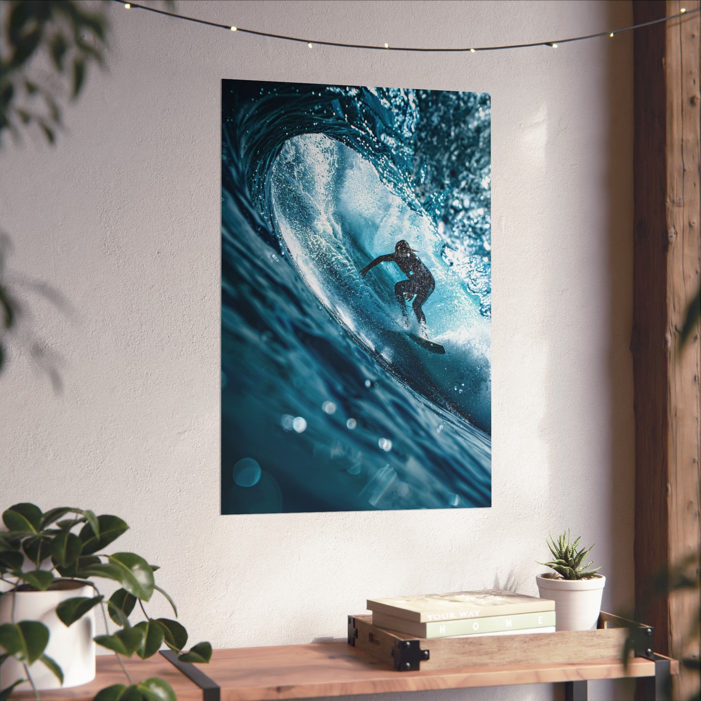 Wall art of a surfer riding a wave in a modern interior setting with plants and books.