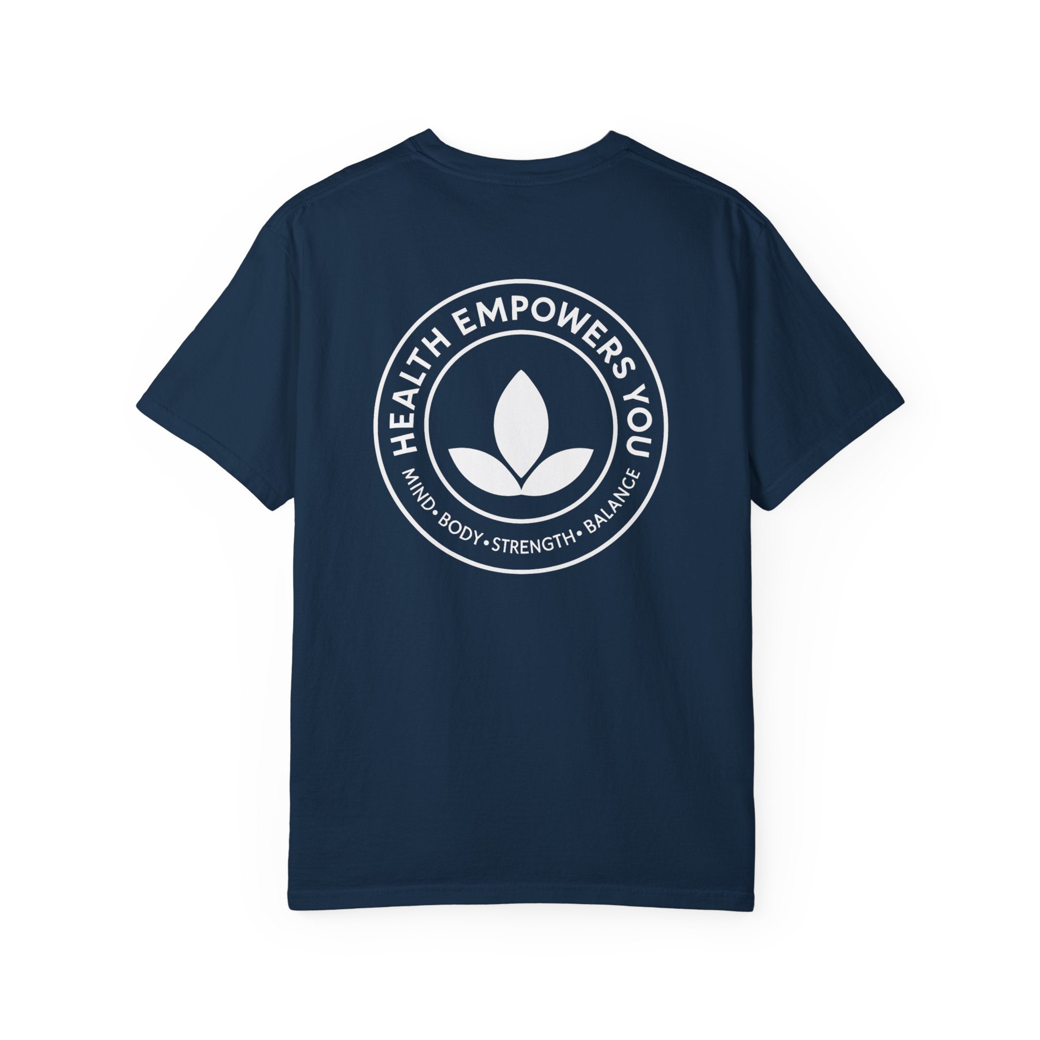 Navy blue t-shirt with a white circular design on the back featuring text and a leaf symbol.