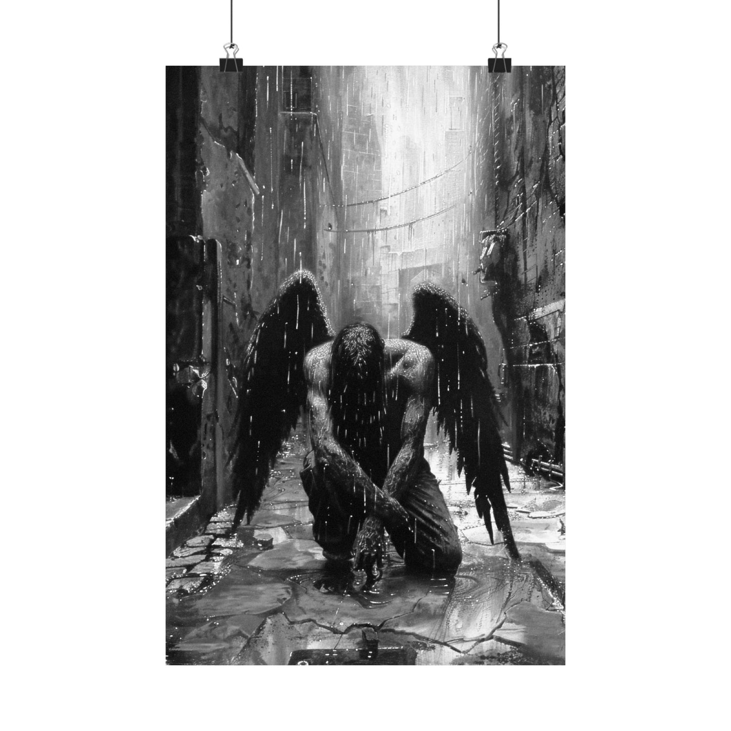 Black and white artwork of an angel in a rain-soaked alleyway with broken windows.