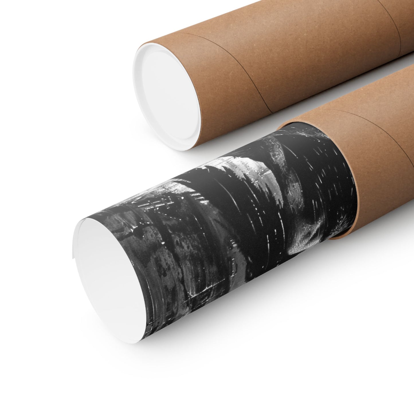 Two cardboard tubes with one featuring a black and white abstract design on a white background