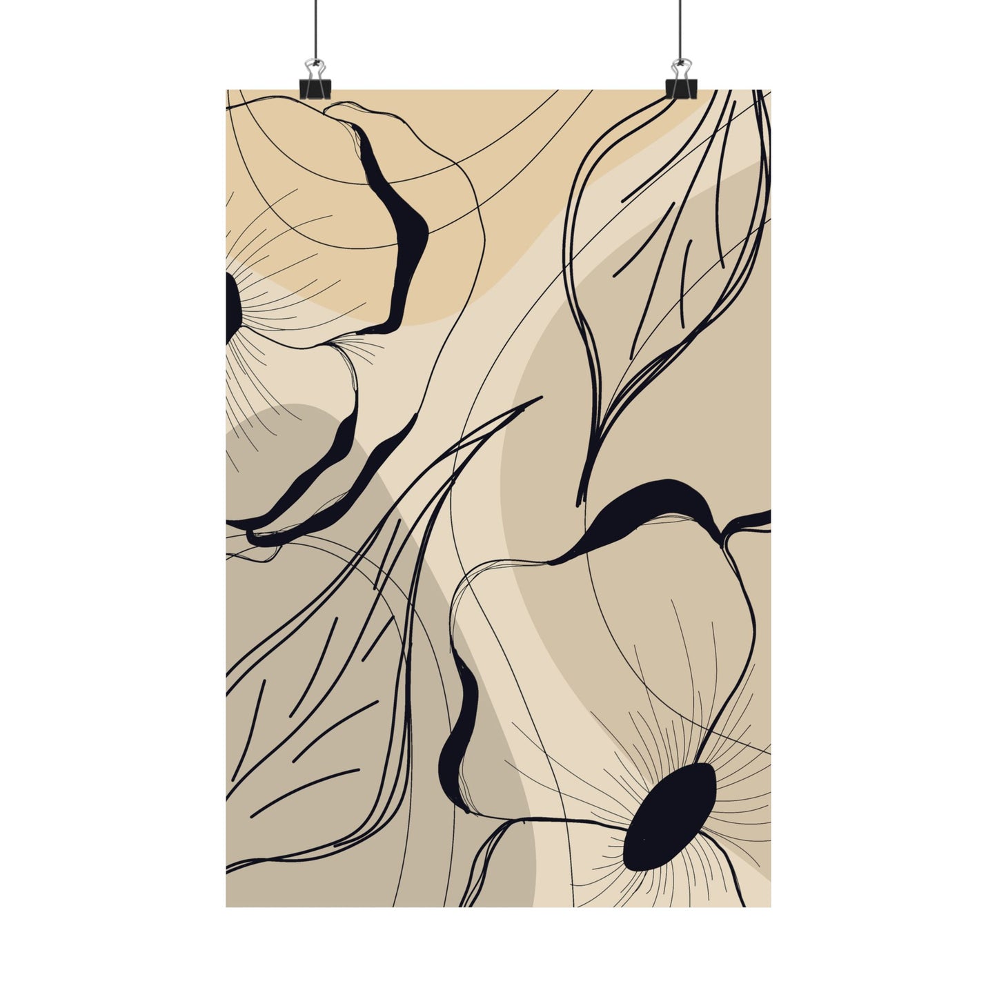 Abstract floral design with black lines on a beige background