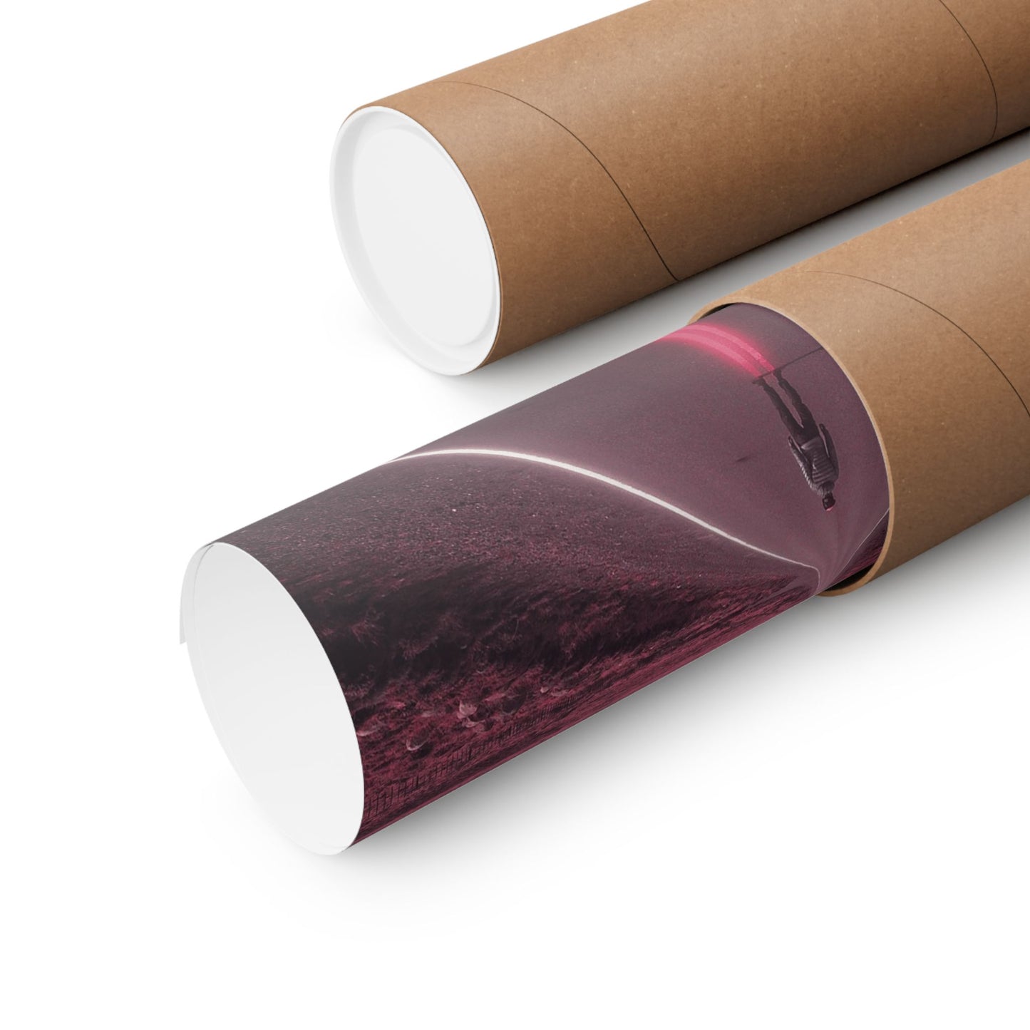 Two cardboard tubes with a purple and white object inside on a white background