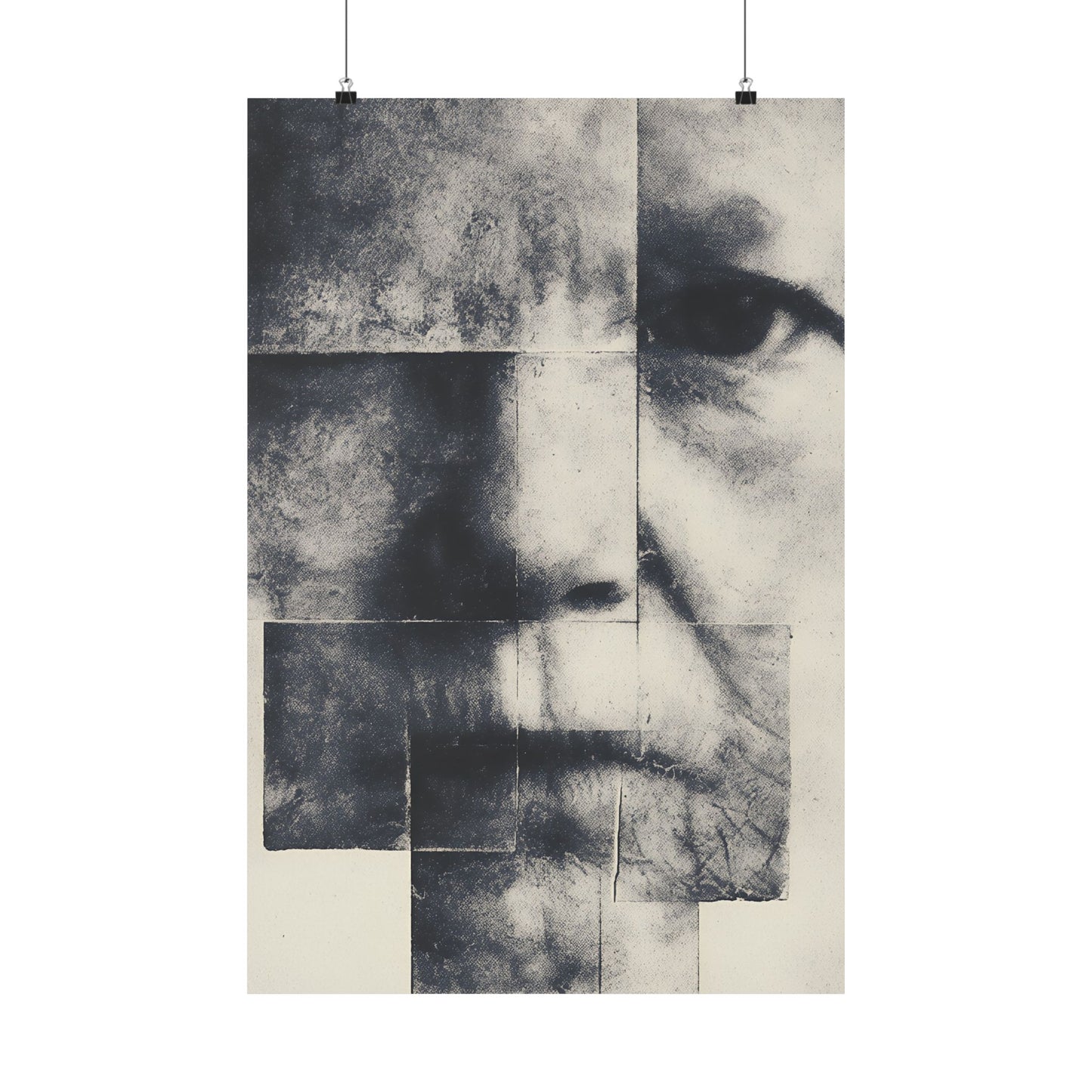 Abstract art piece with black and white patches on a beige background
