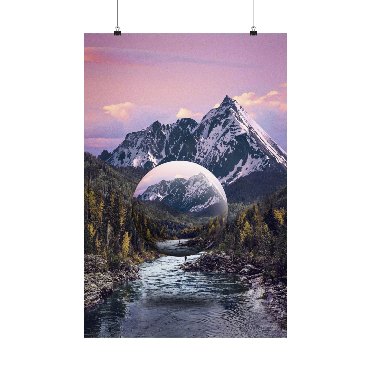 Mountain landscape with a river and a spherical planet overlay, set against a pink and purple sky.