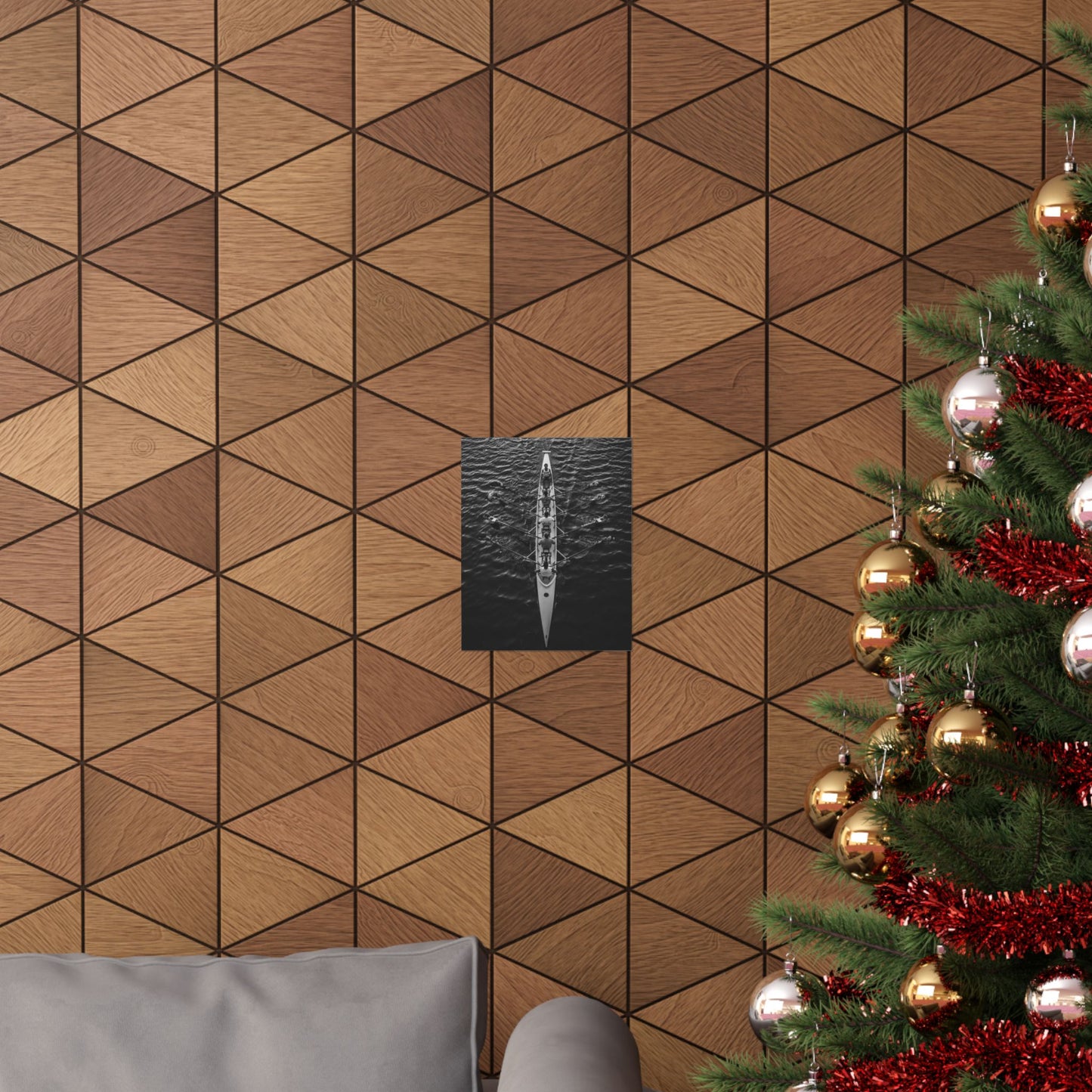Wooden wall with geometric pattern next to a decorated Christmas tree