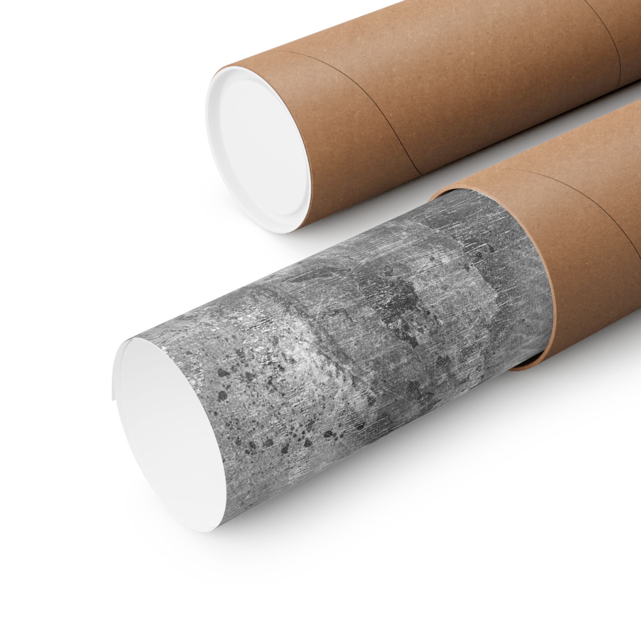 Two cylindrical objects, one gray and one brown with white ends, on a white background.
