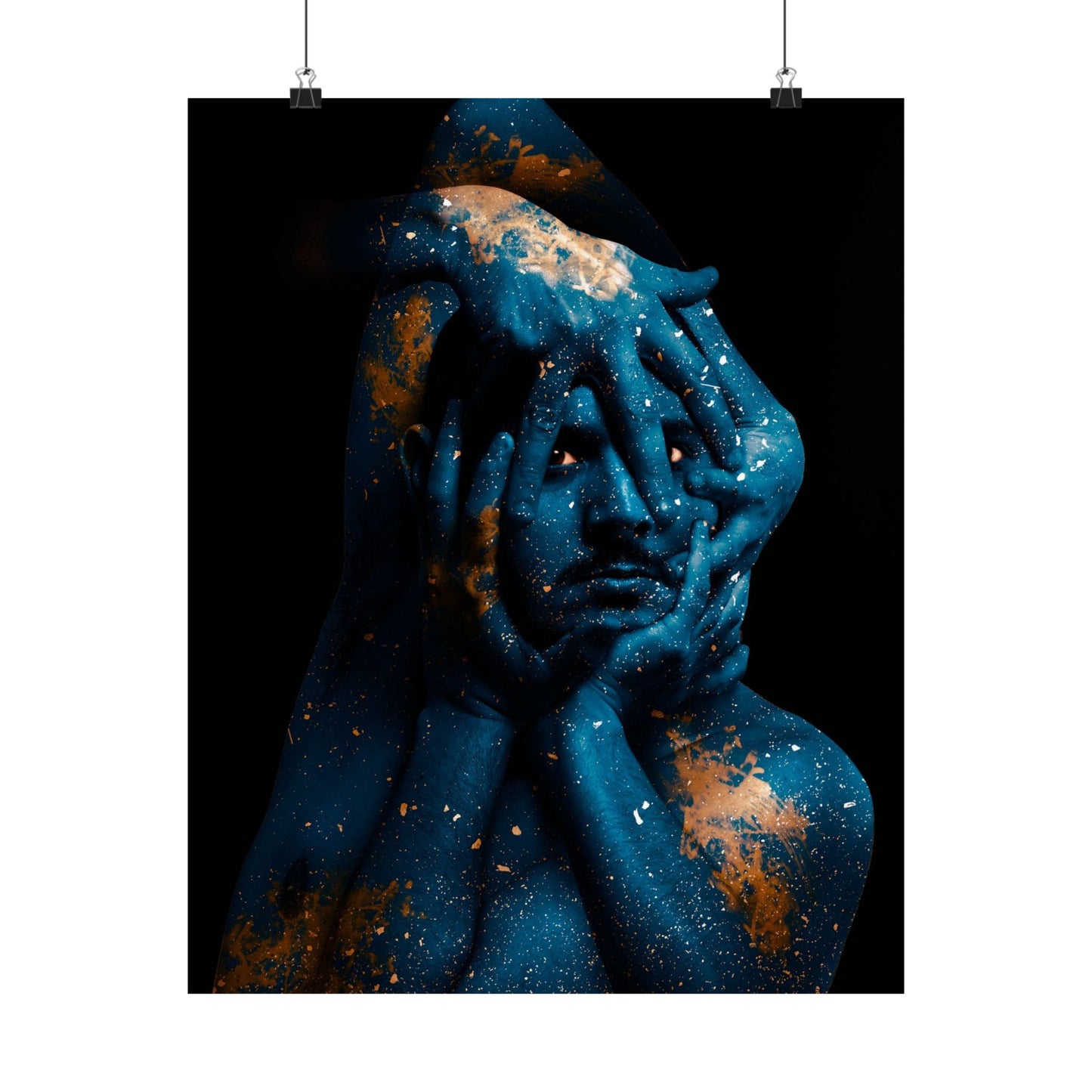Artistic depiction of a person with celestial design on a black background