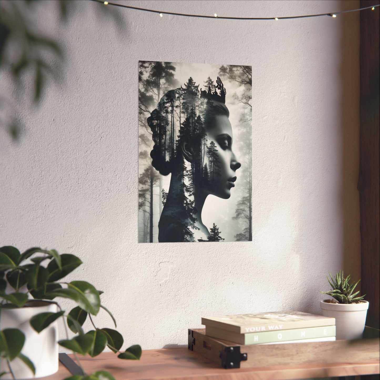 Artistic wall poster of a woman's face with trees superimposed on a white wall above a wooden desk.