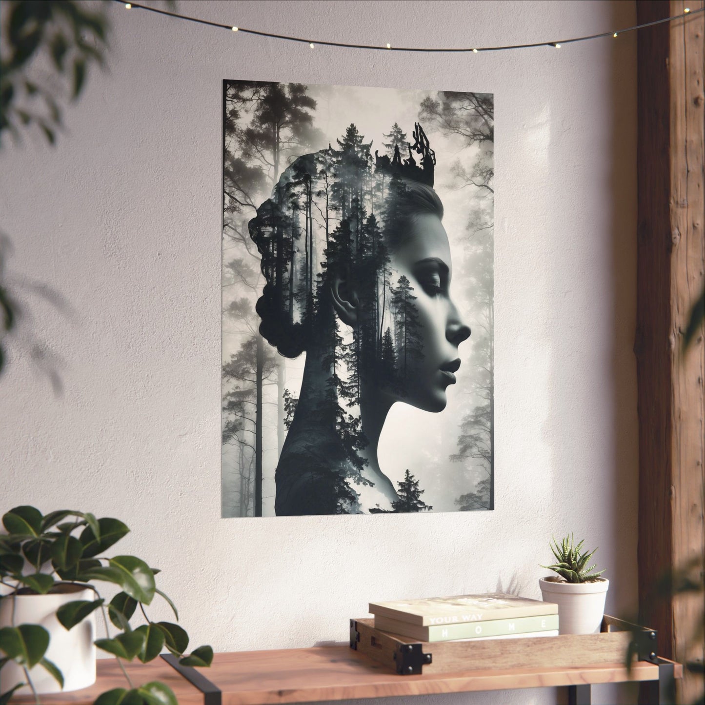 Framed artwork of a woman's face with forest integration on a wall above a wooden shelf.