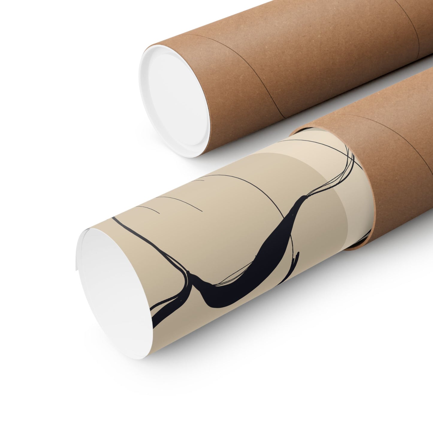 Two cardboard tubes with one featuring a black abstract design on a beige background.