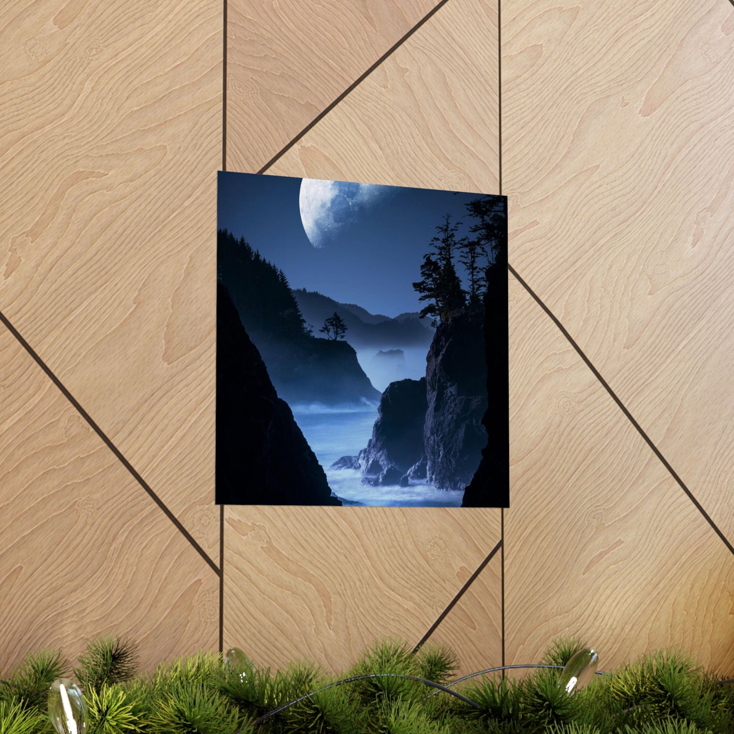 Poster of a moonlit coastal scene on a wooden surface