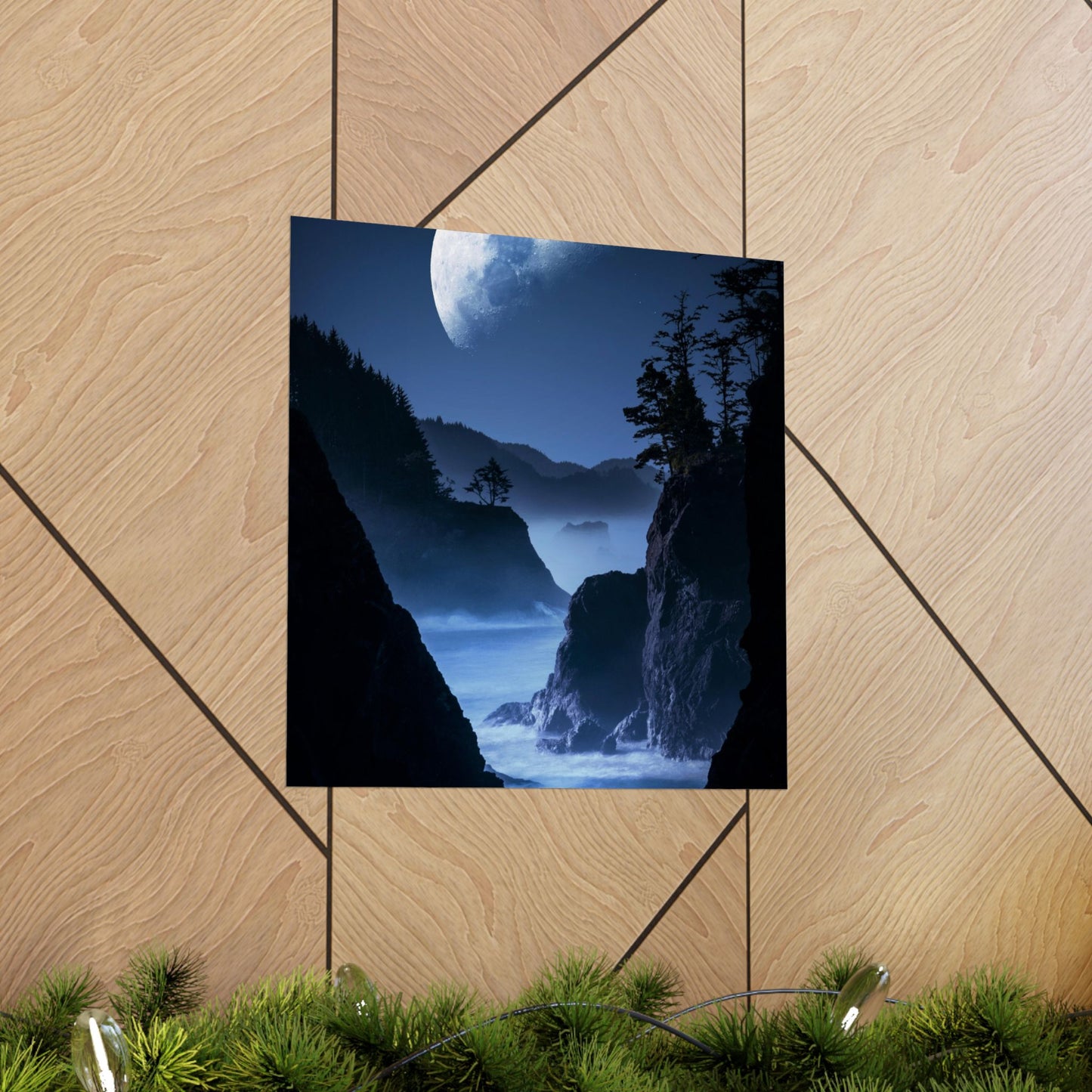 Poster of a moonlit coastal scene on a wooden surface