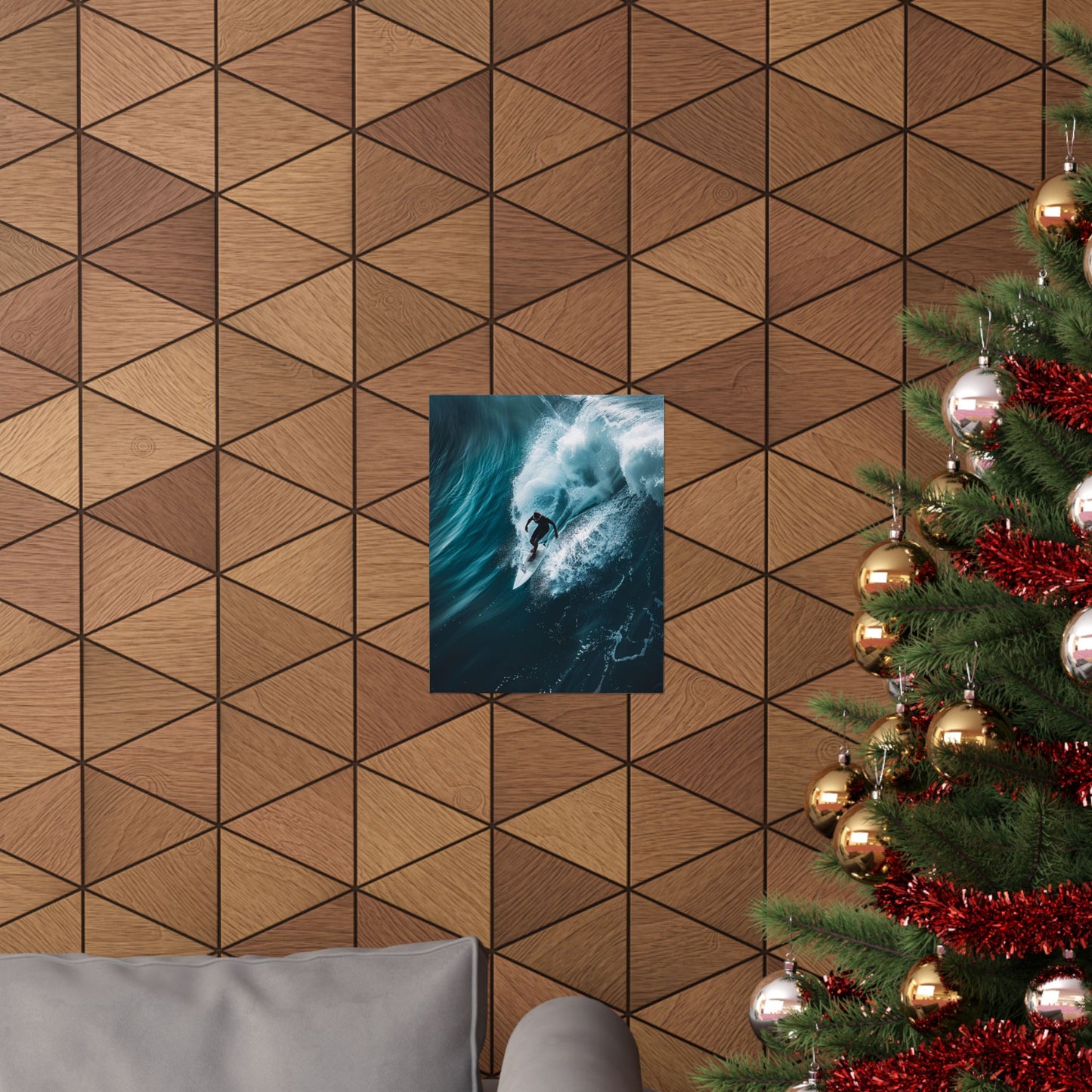 Wooden wall with geometric pattern, framed artwork of a surfer, and a decorated Christmas tree.