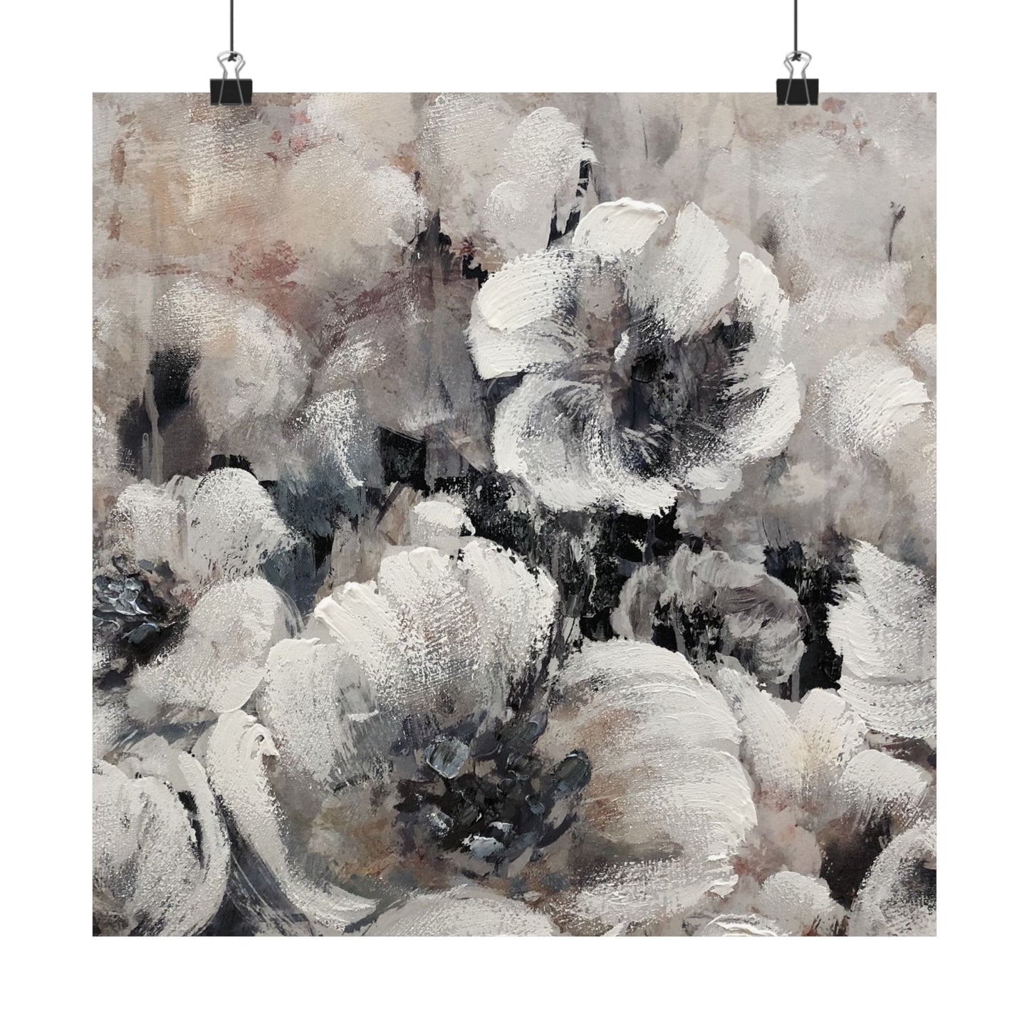Abstract floral painting with white and gray tones on a textured background