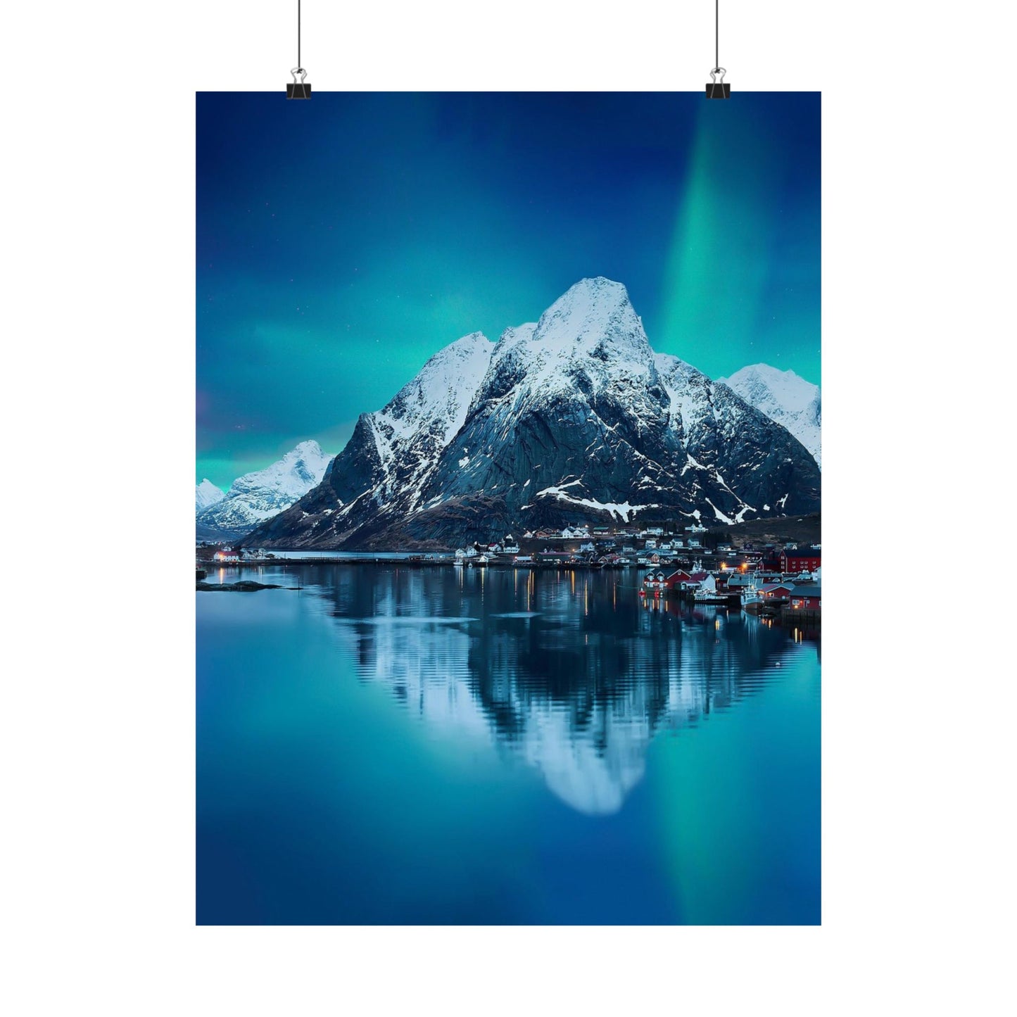 Poster of a mountain landscape with a lake and aurora borealis.